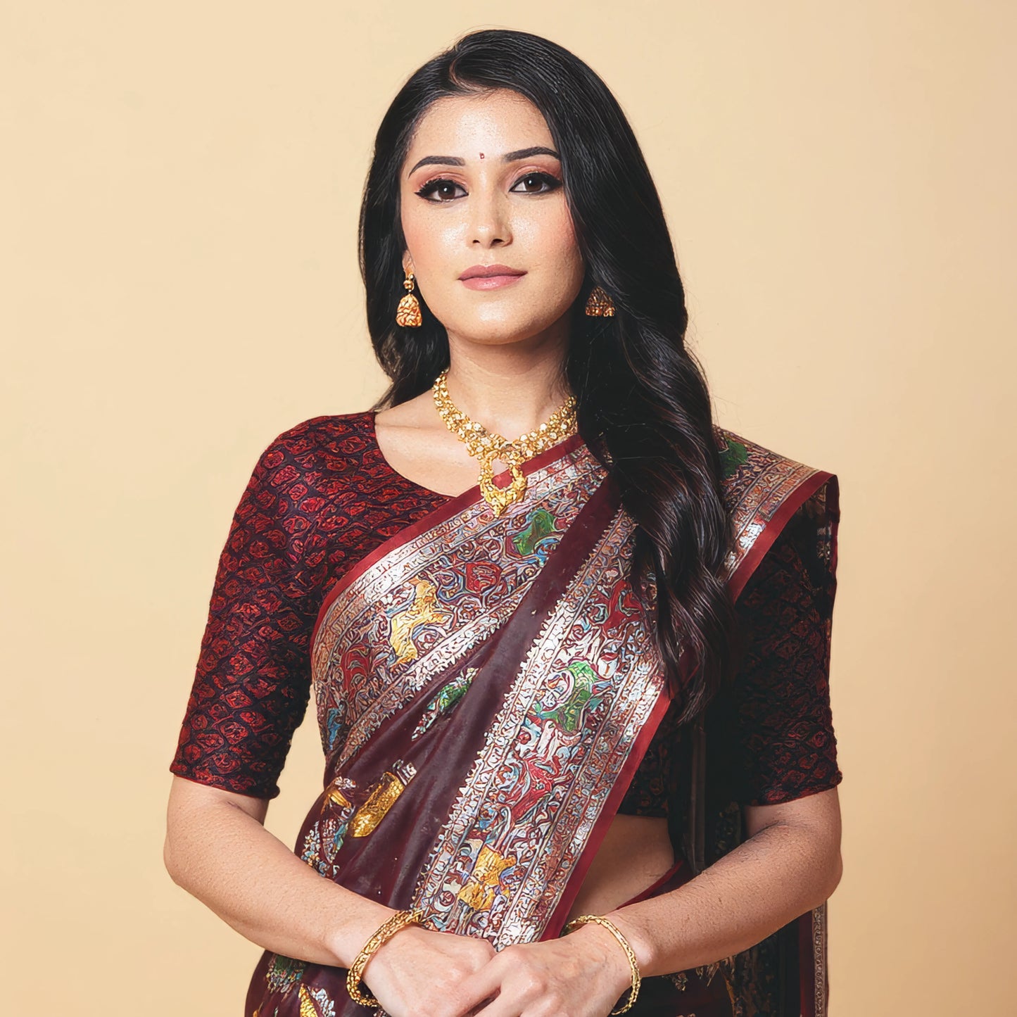 Majree Satin Meenakari saree Wine dress