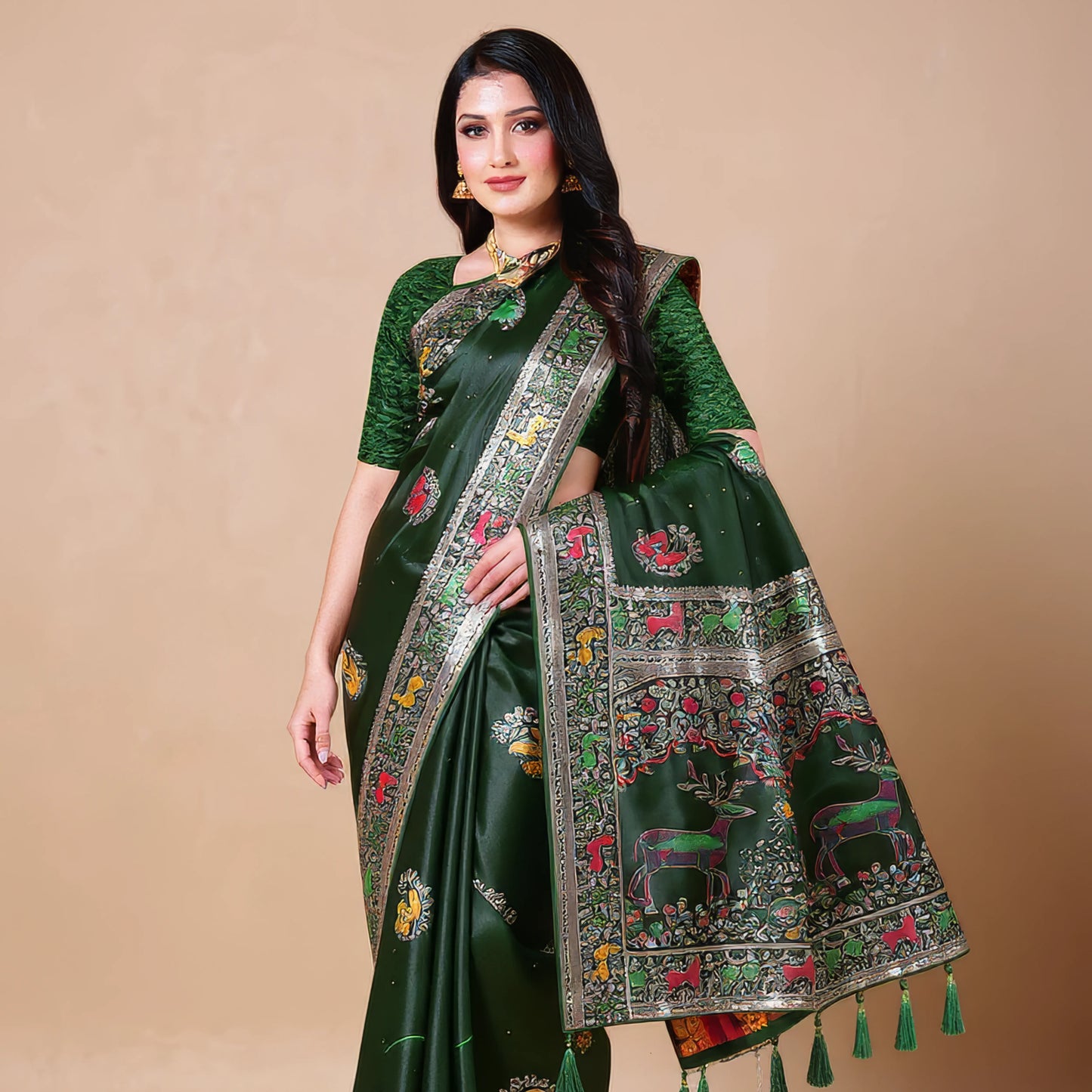 Majree Satin Meenakari saree deep green