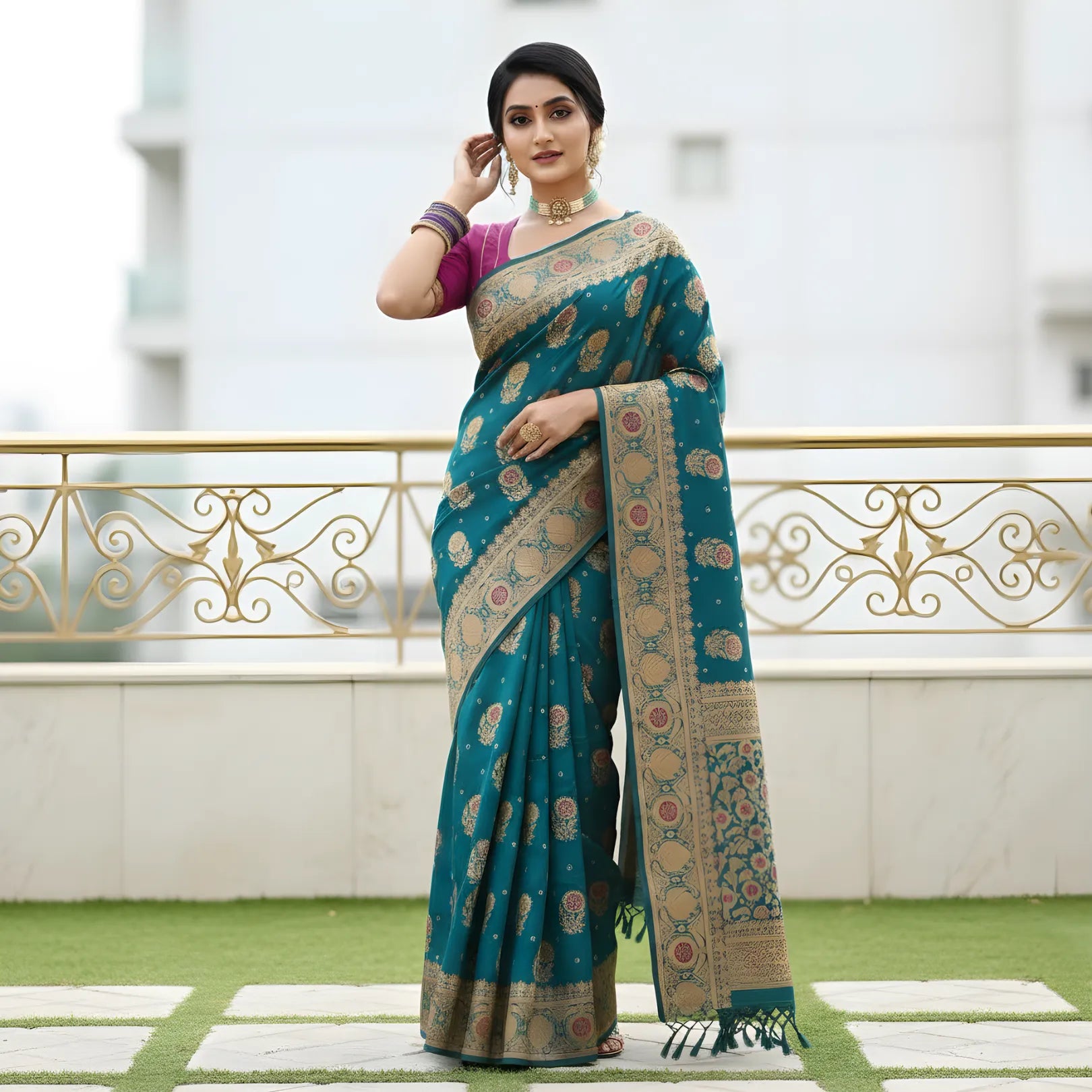 Majree Banarasi Silk Sarees sky blue with golden zari work