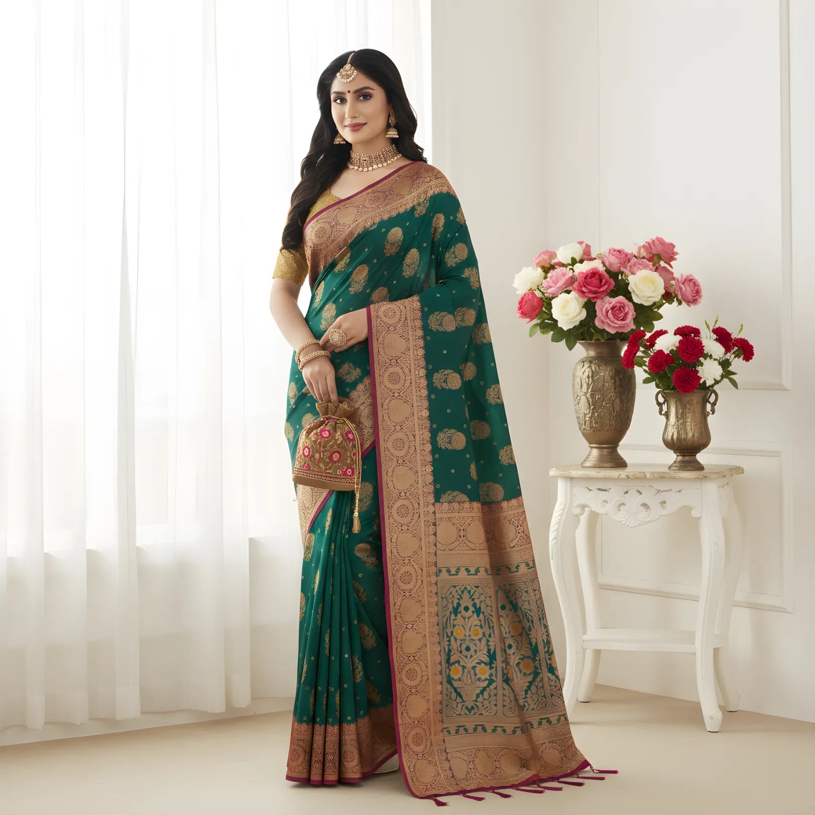 Majree Banarasi Silk Sarees teal with golden zari work