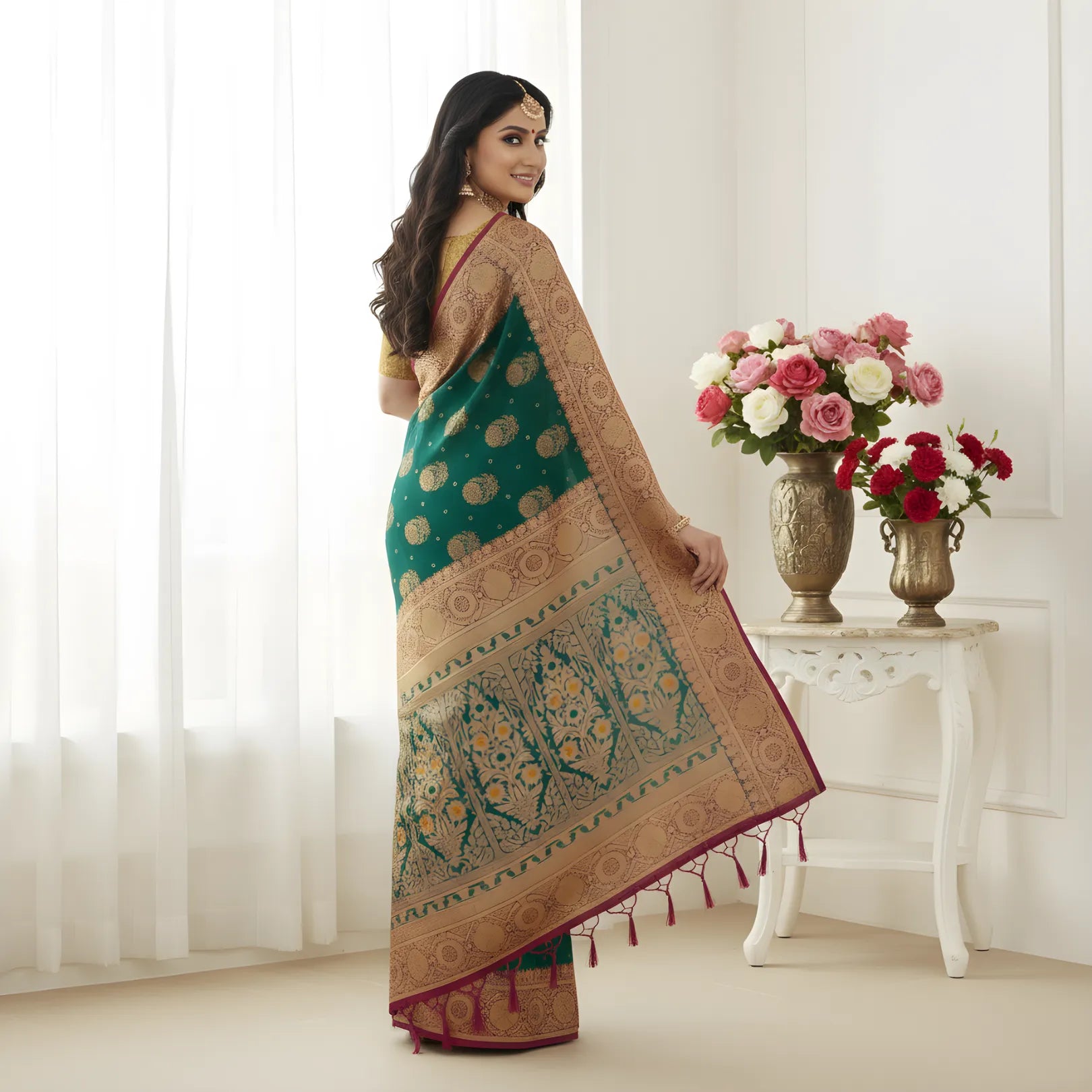 Majree Banarasi Silk Sarees teal with golden zari work