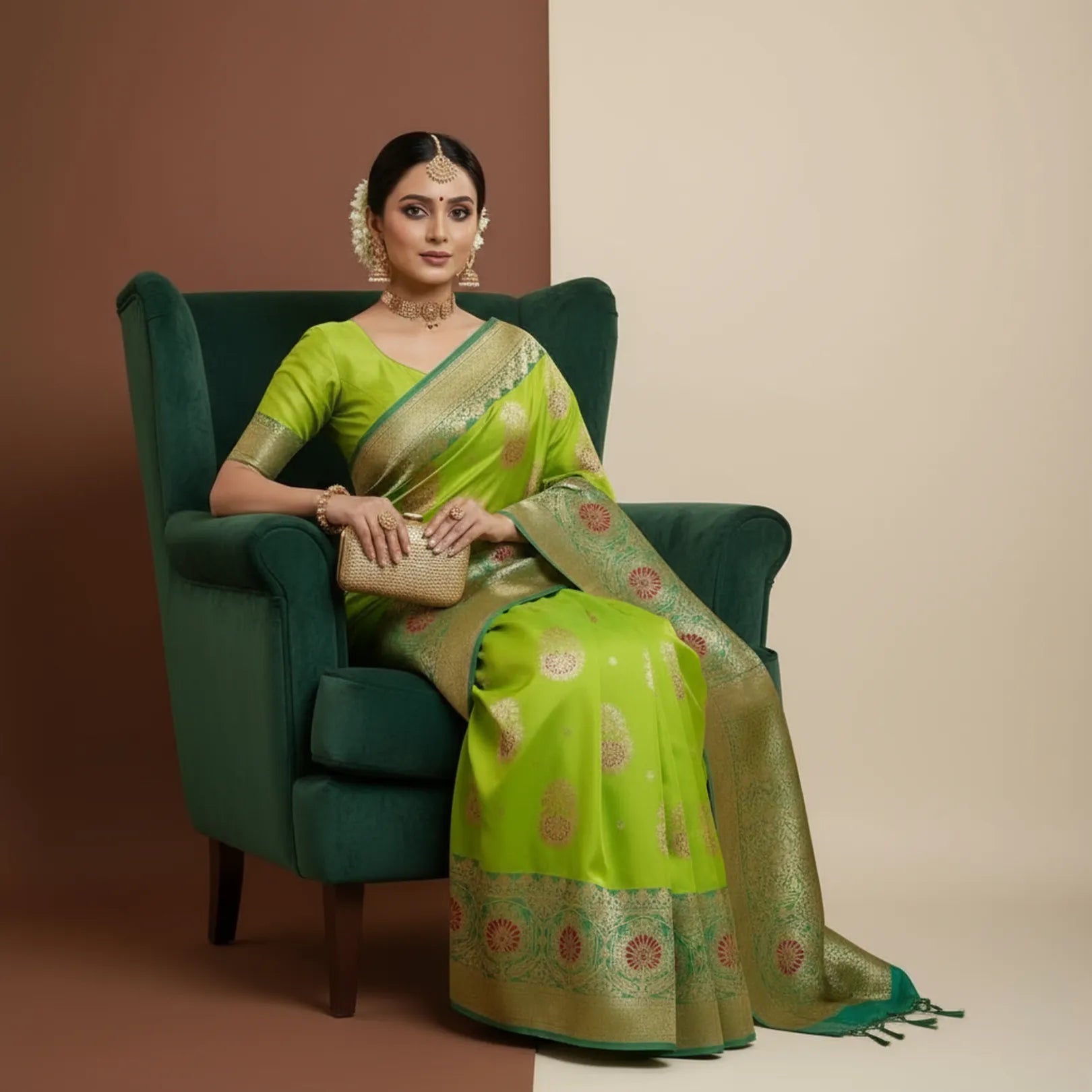 Majree Banarasi Silk Sarees vibrant green with golden zari work