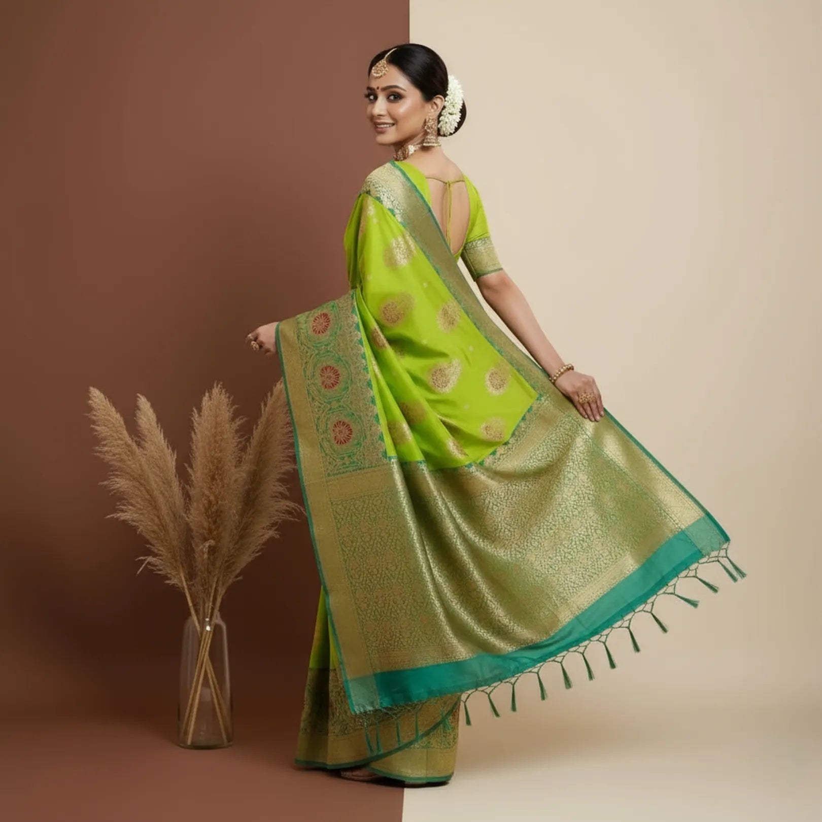 Majree Banarasi Silk Sarees vibrant green with golden zari work