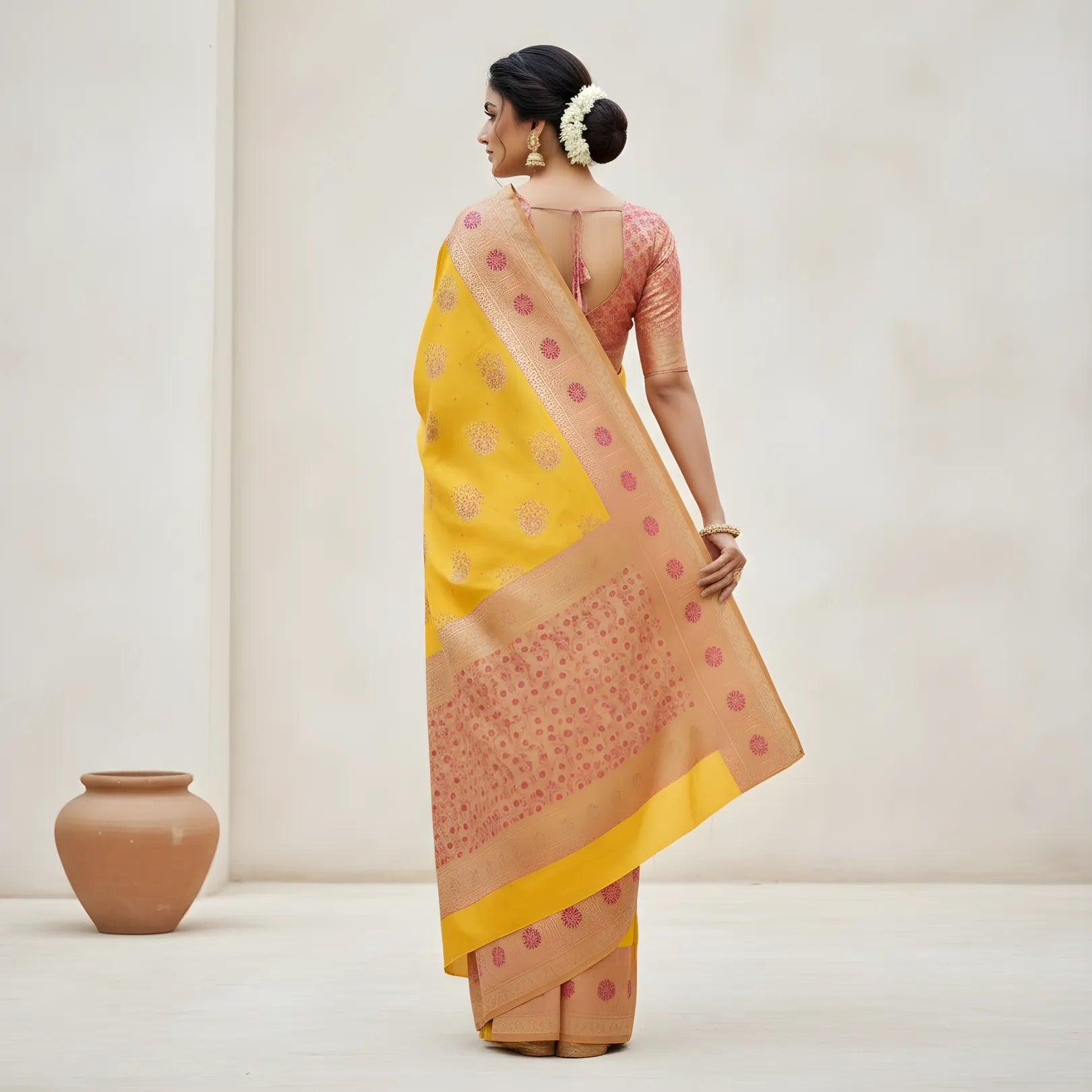 Majree Banarasi Silk Sarees Bright Yellow with golden zari work