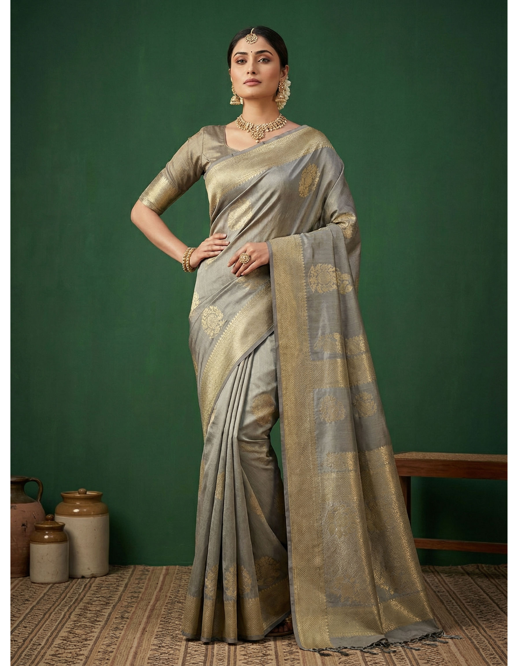 Steel Grey Tissue Silk Saree