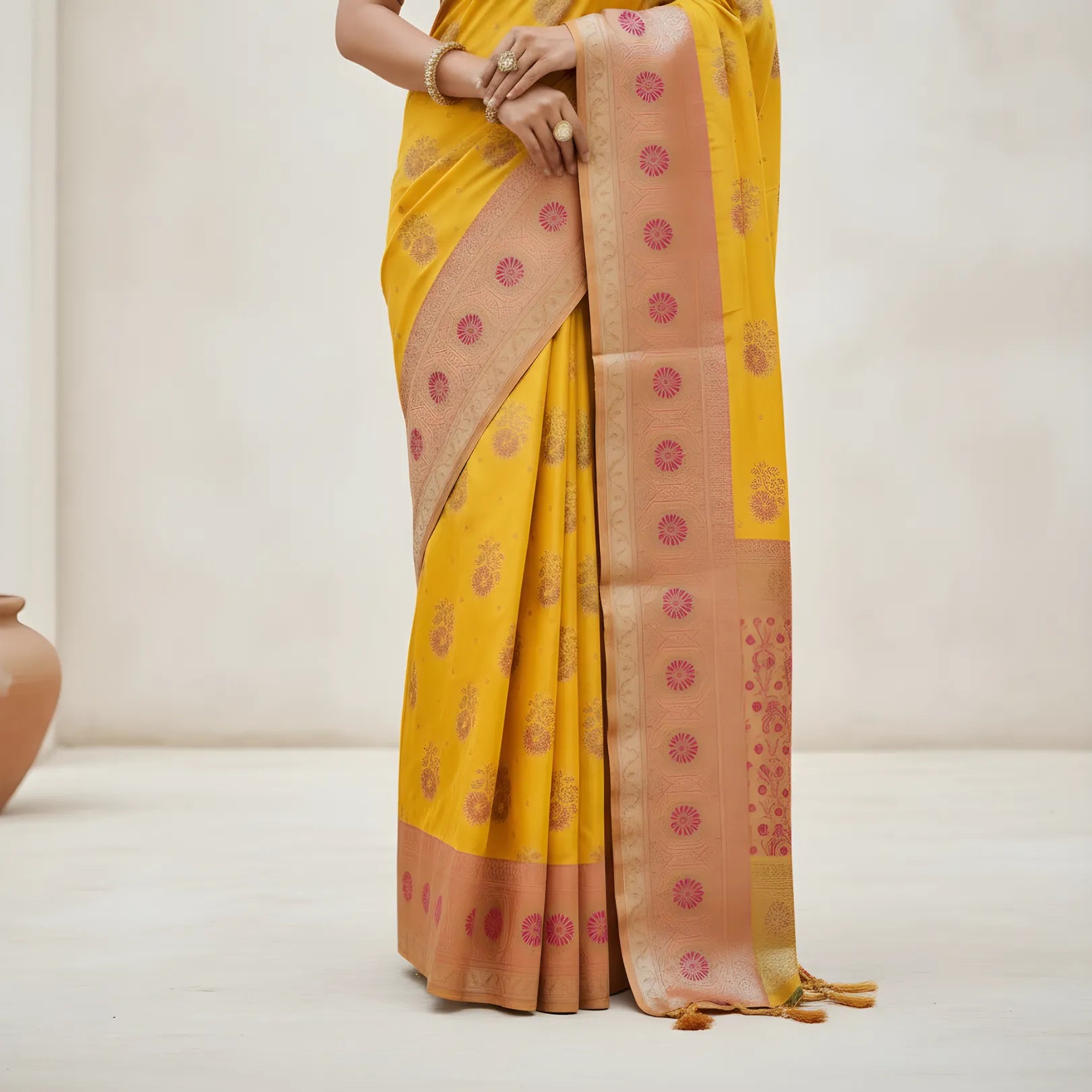 Majree Banarasi Silk Sarees Bright Yellow with golden zari work