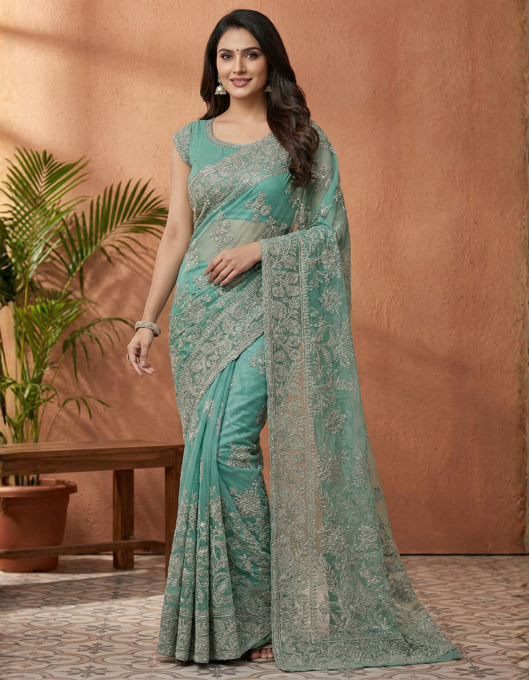 Seafoam Green Tissue Saree