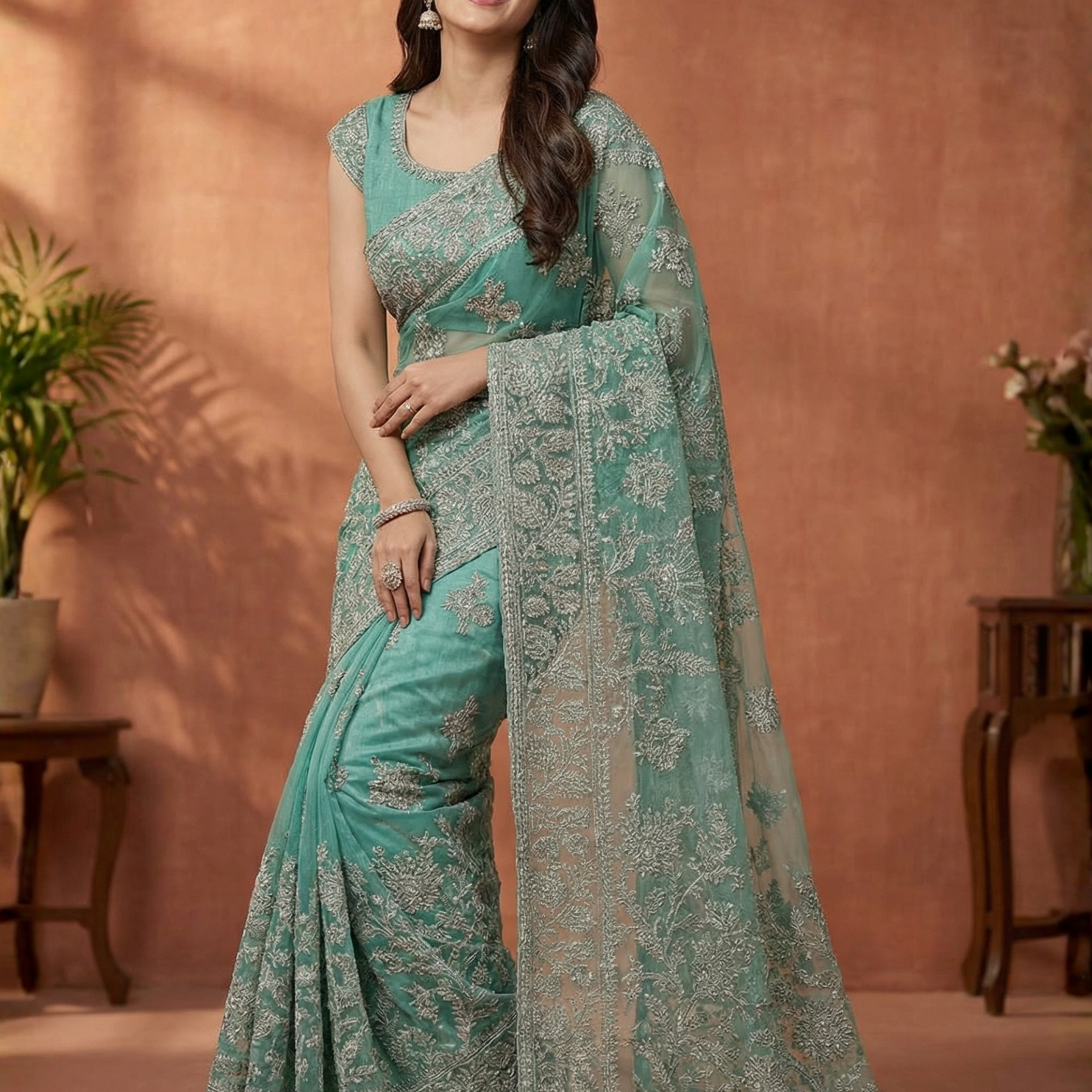 Seafoam Green Tissue Saree