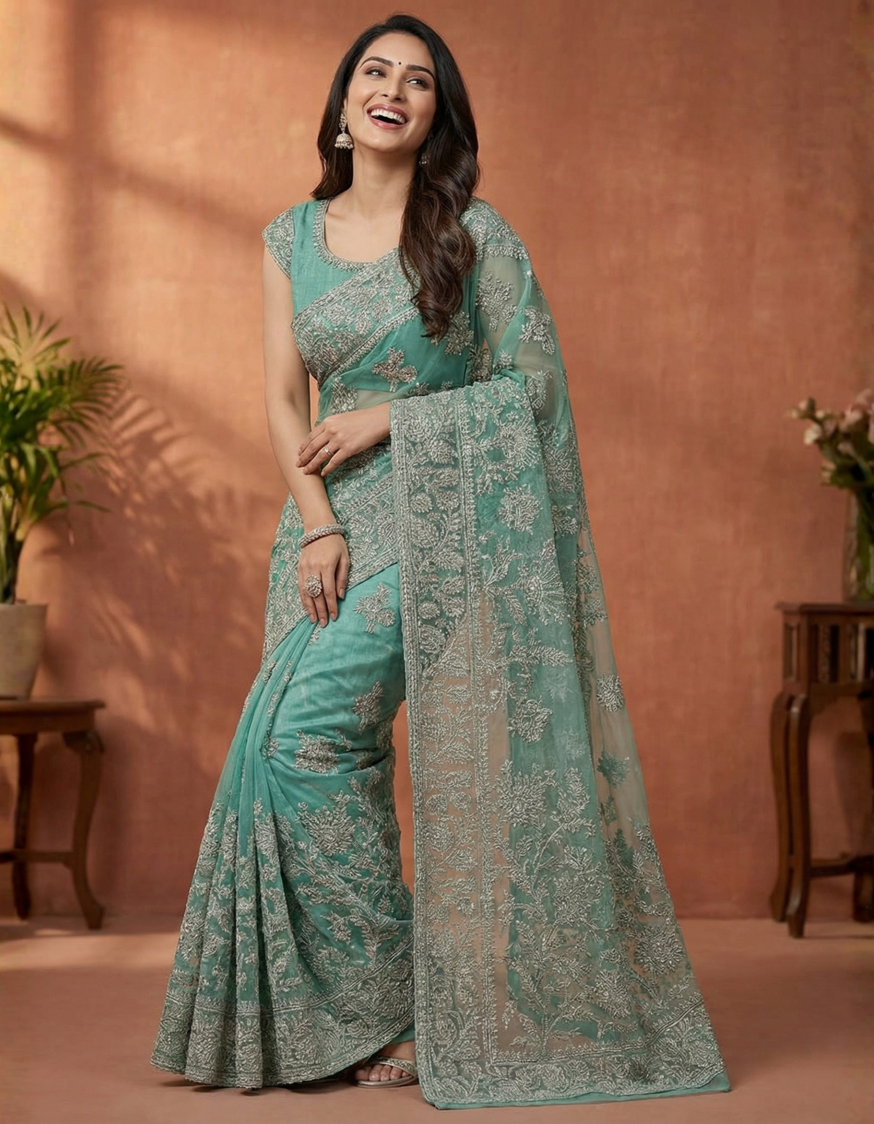 Seafoam Green Tissue Saree