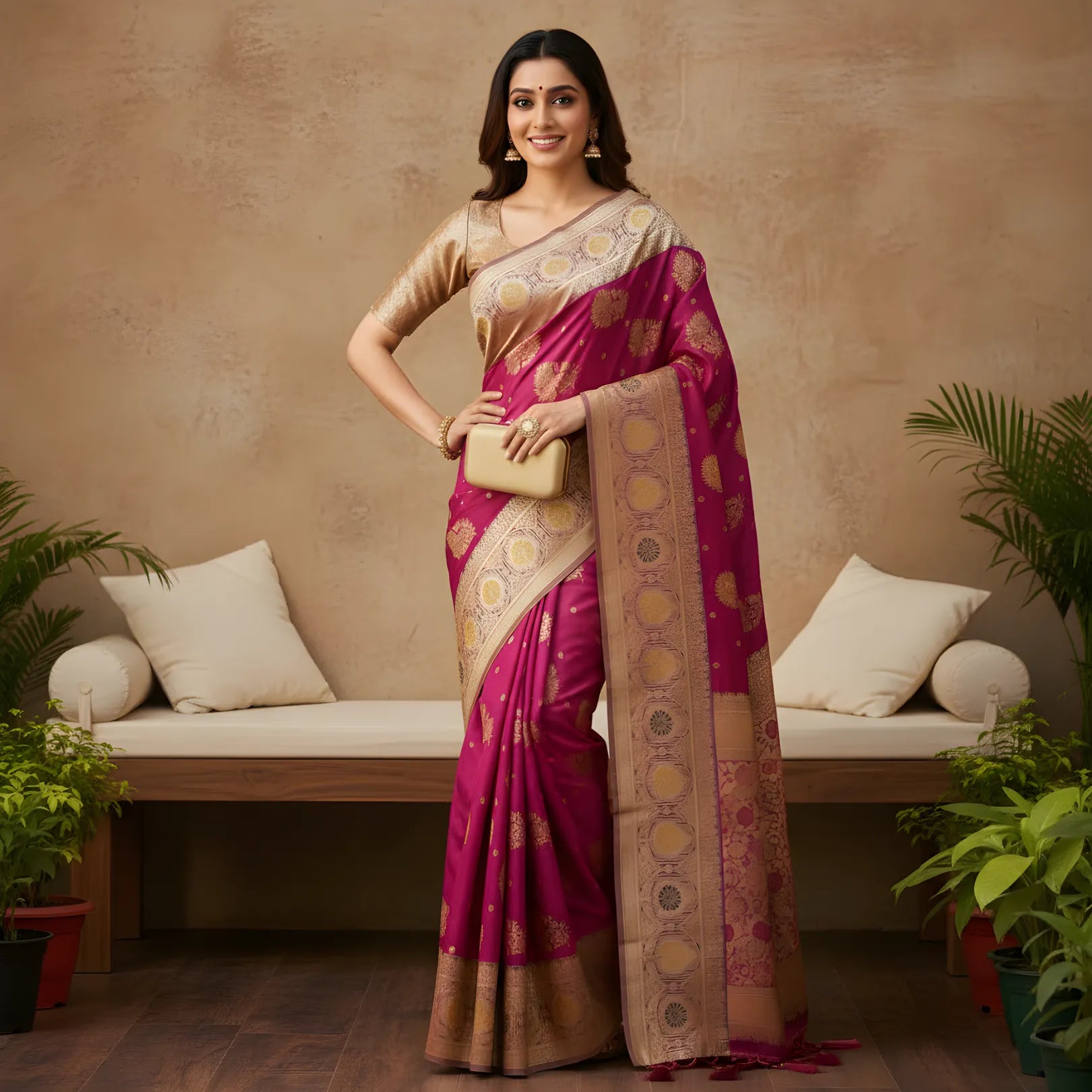 Majree Banarasi Silk Sarees dark pink with golden zari work