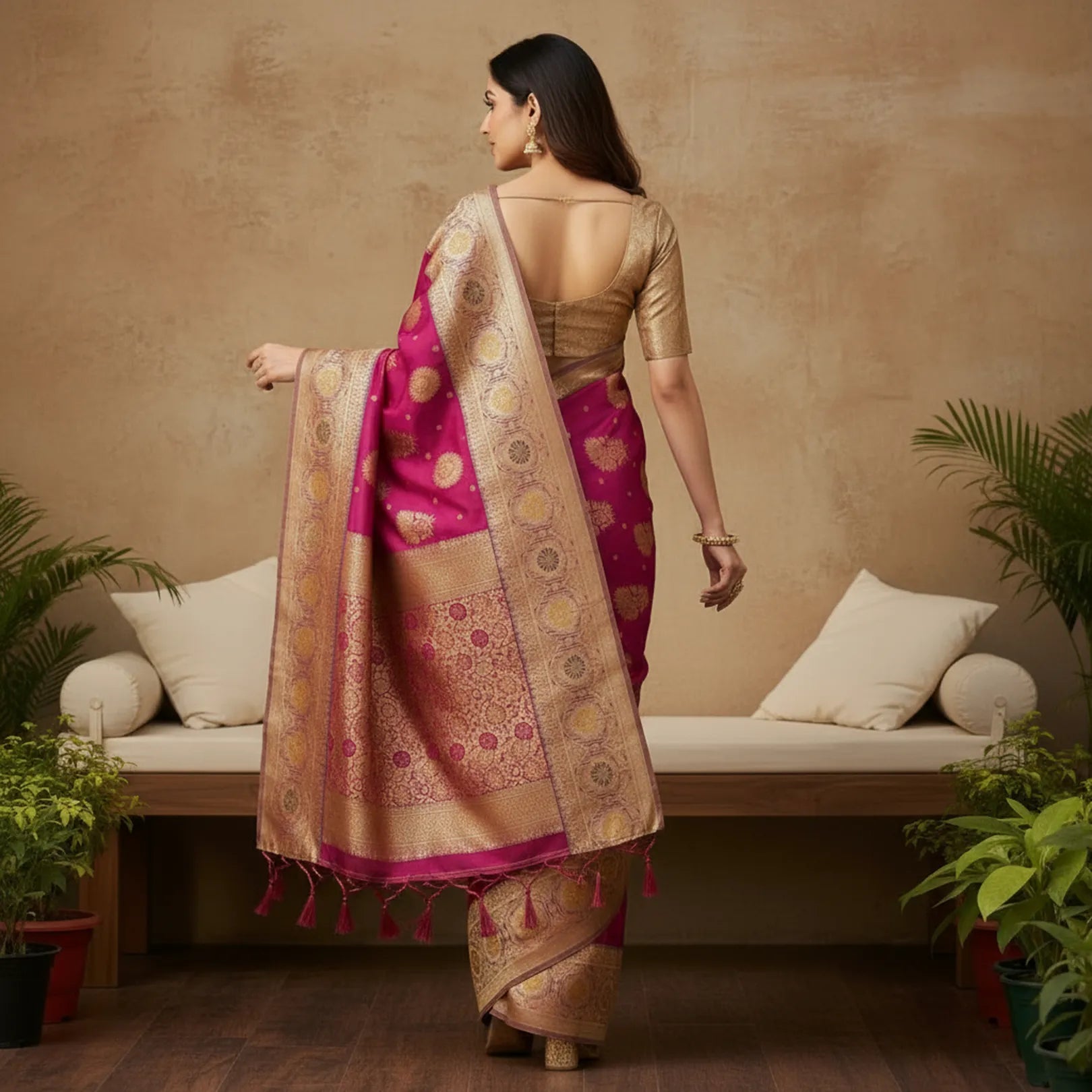 Majree Banarasi Silk Sarees dark pink with golden zari work