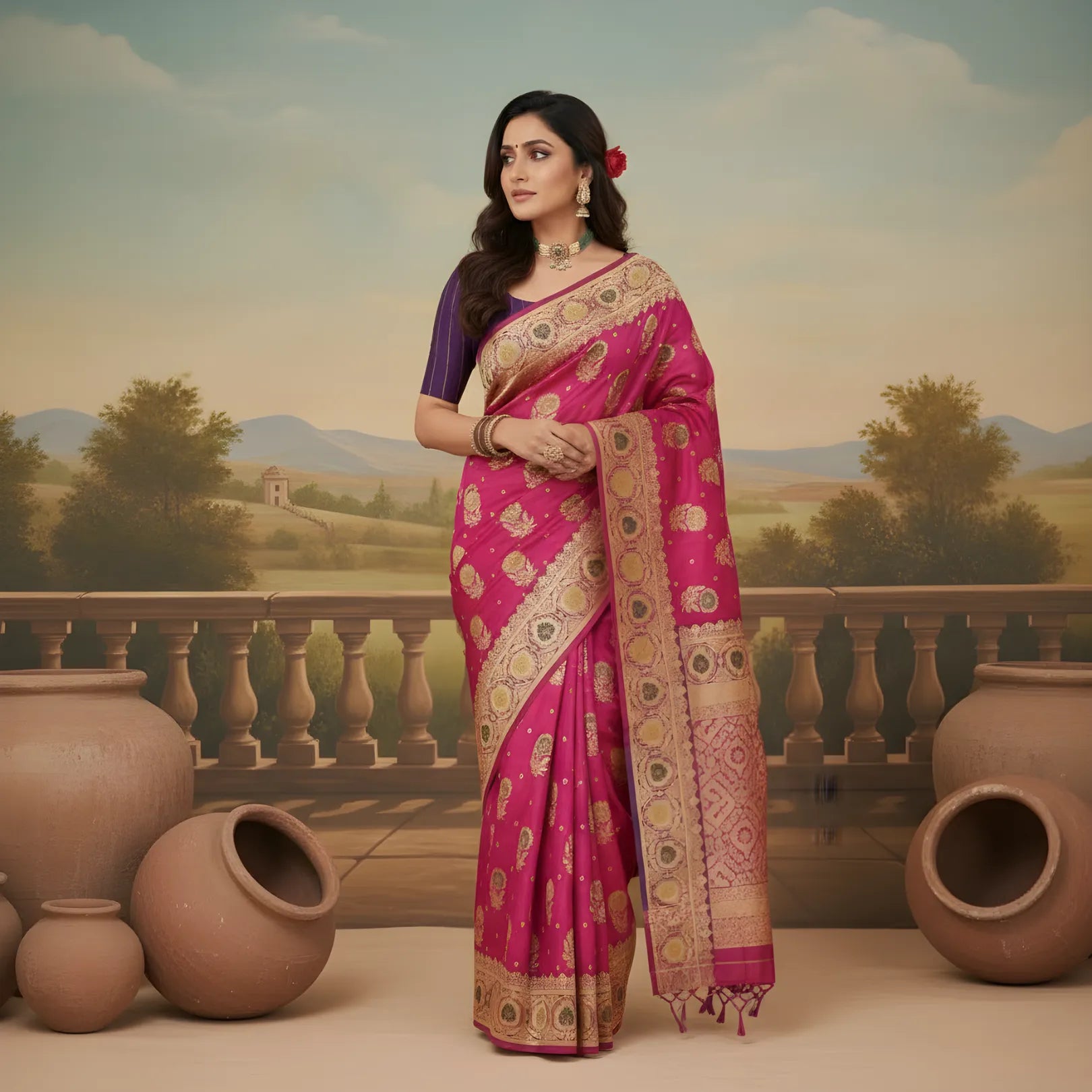 Majree Banarasi Silk Sarees deep purple with golden zari work