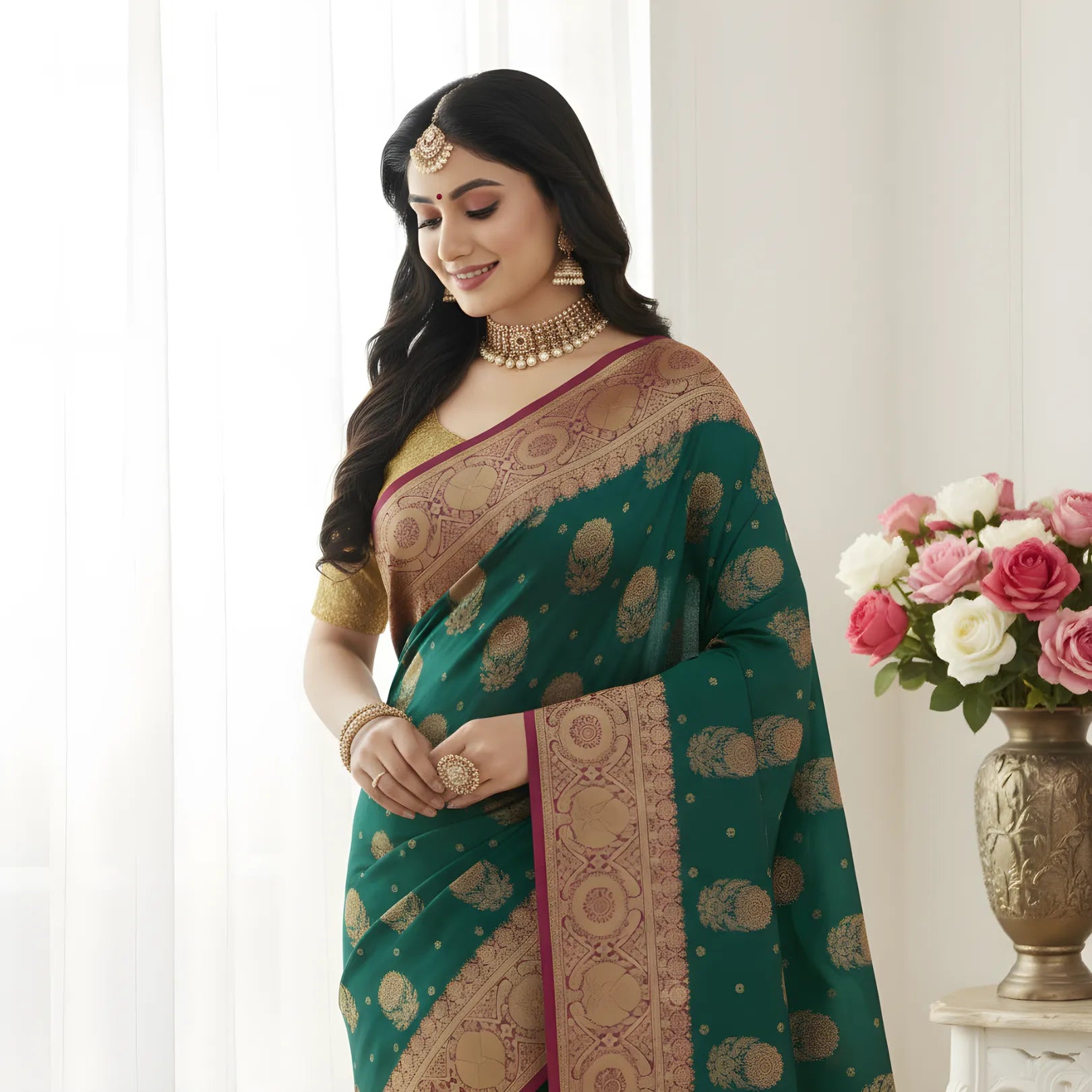 Majree Banarasi Silk Sarees teal with golden zari work