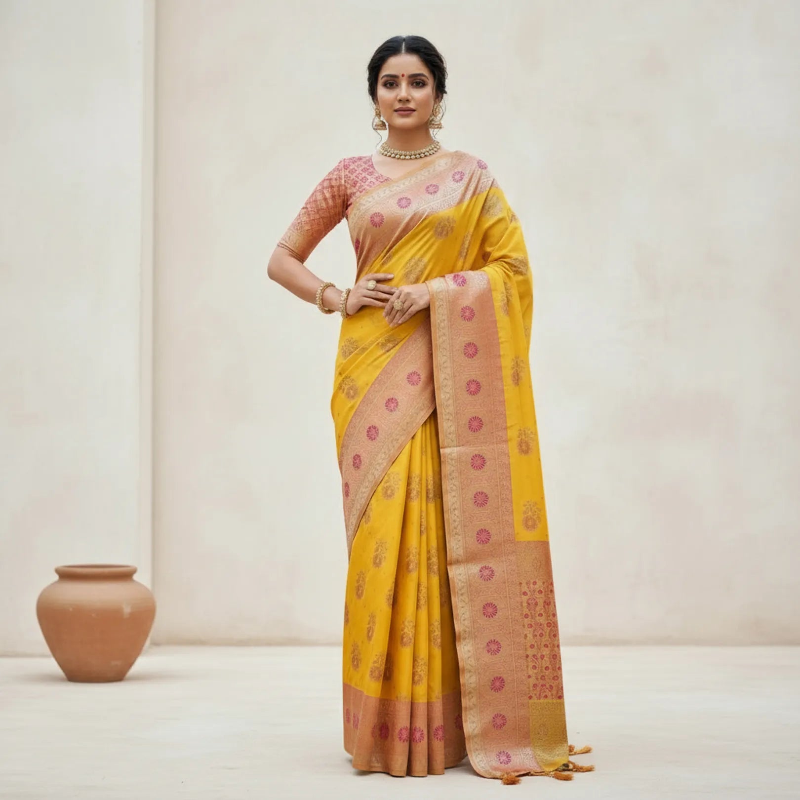 Majree Banarasi Silk Sarees Bright Yellow with golden zari work
