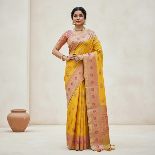 Majree Banarasi Silk Sarees Bright Yellow with golden zari work