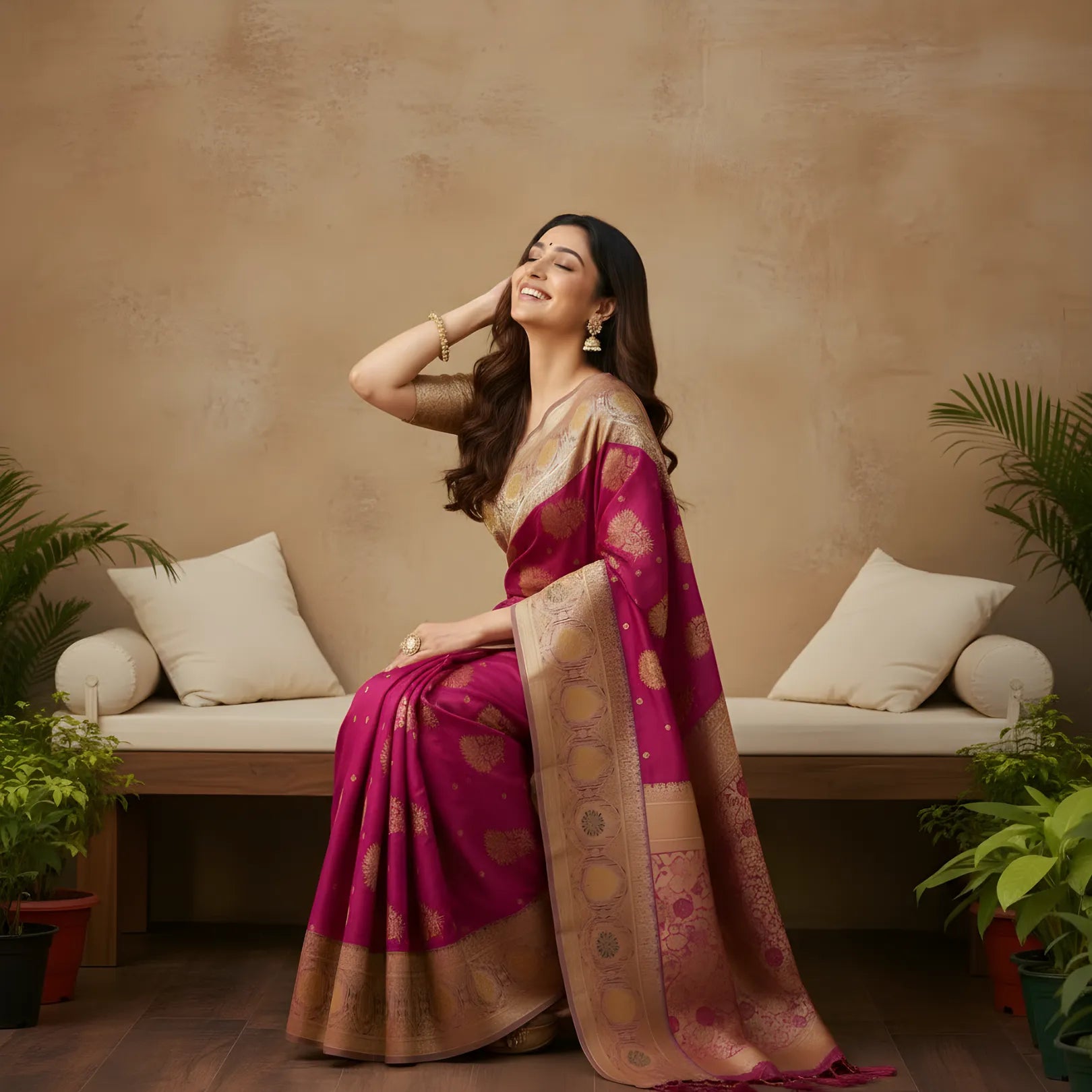 Majree Banarasi Silk Sarees dark pink with golden zari work