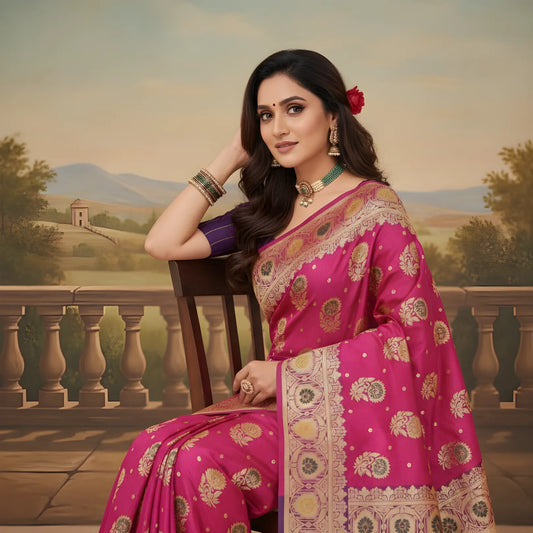 Majree Banarasi Silk Sarees deep purple with golden zari work