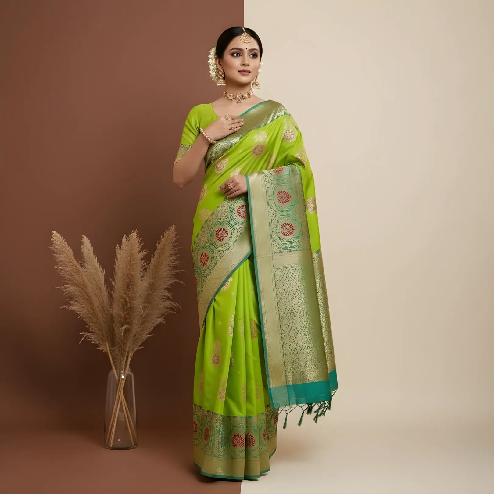 Majree Banarasi Silk Sarees vibrant green with golden zari work