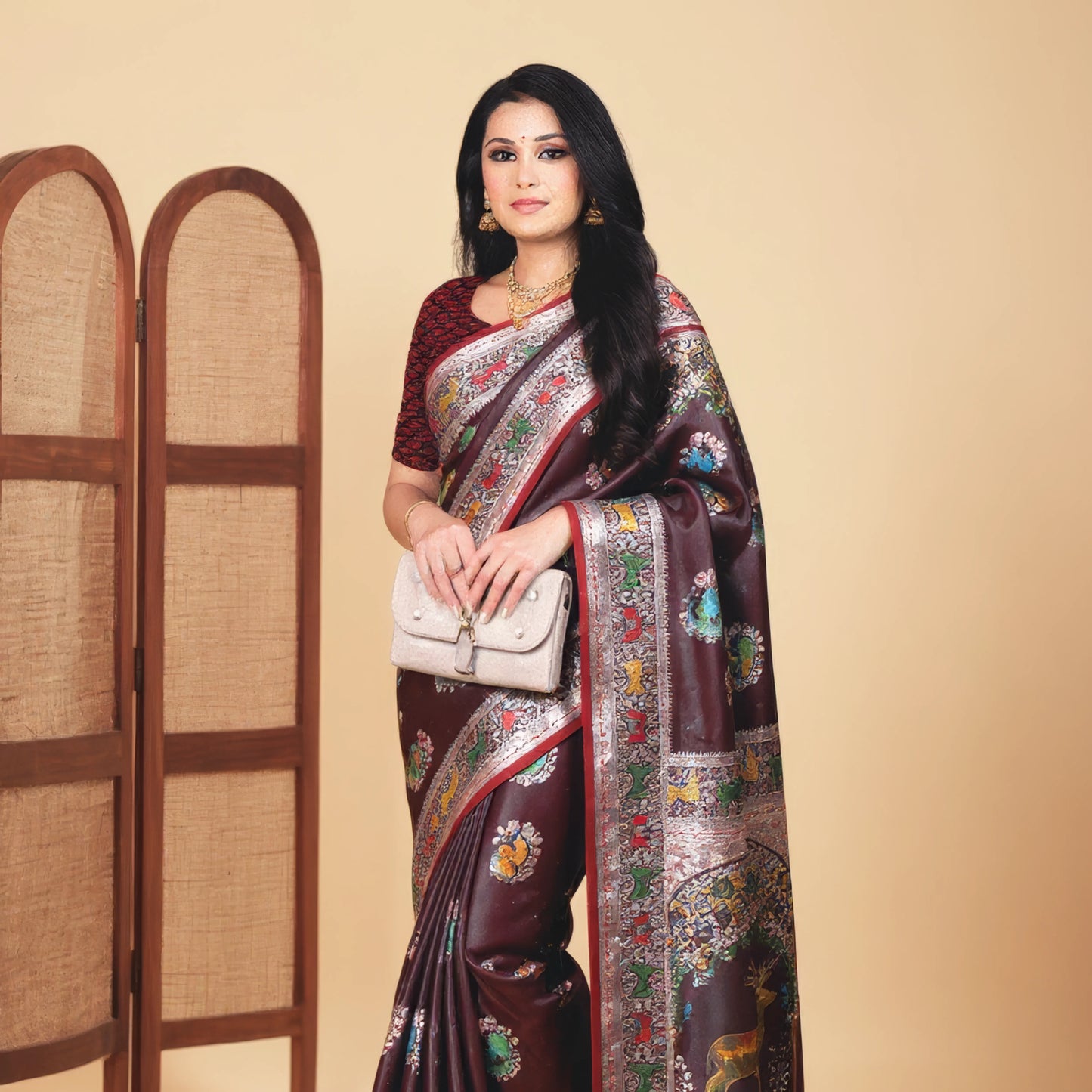 Majree Satin Meenakari  saree Wine dress