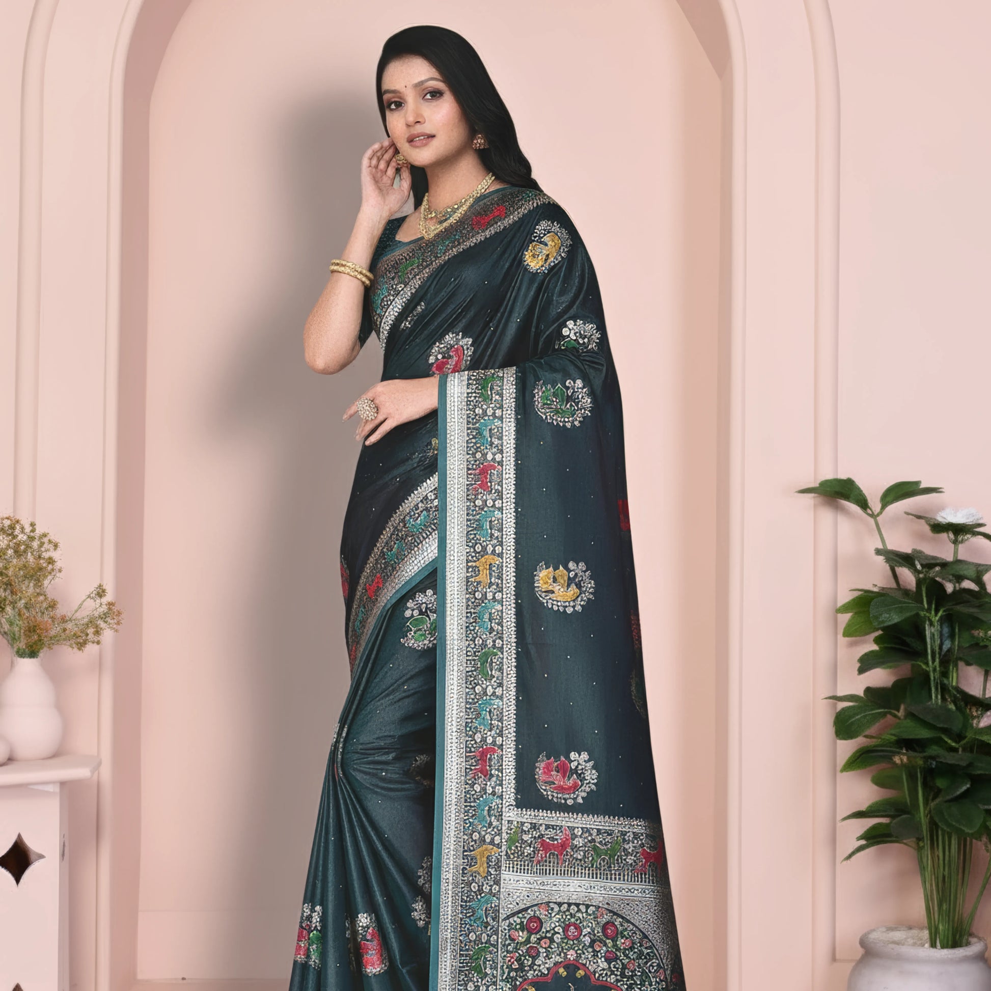 Majree Satin Meenakari saree deep fire green