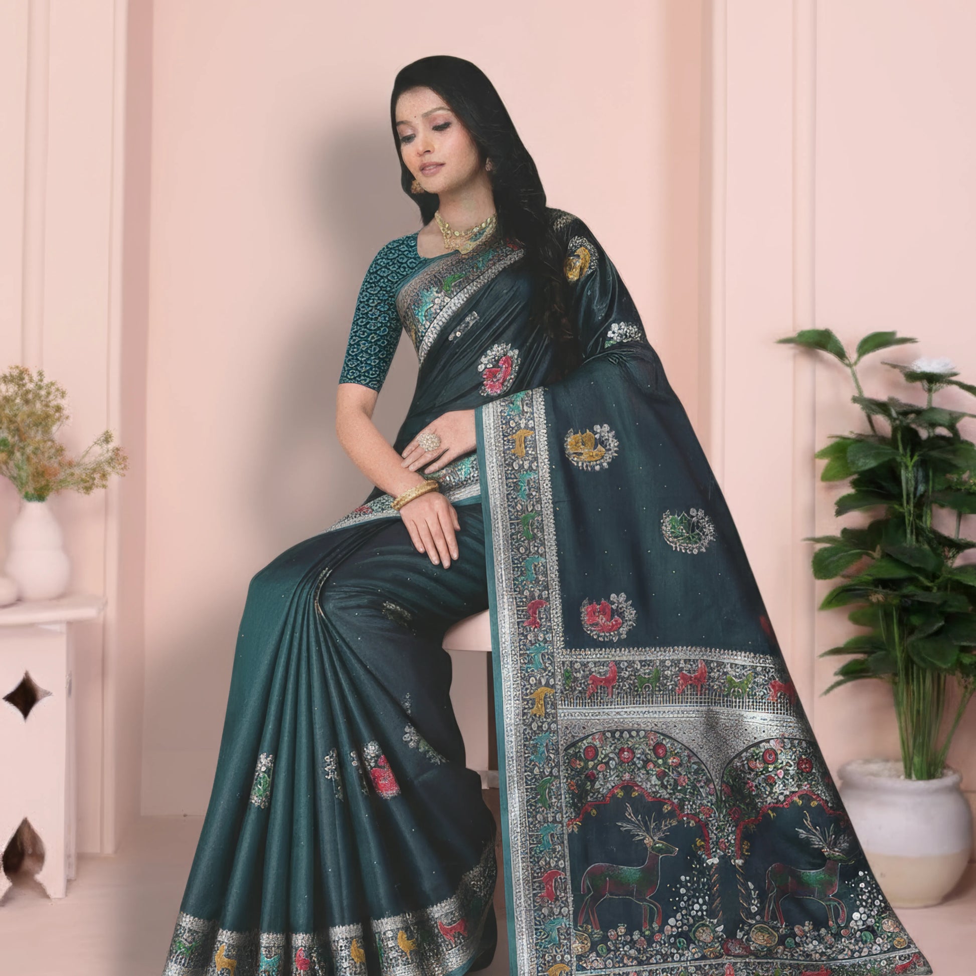 Majree Satin Meenakari saree deep fire green
