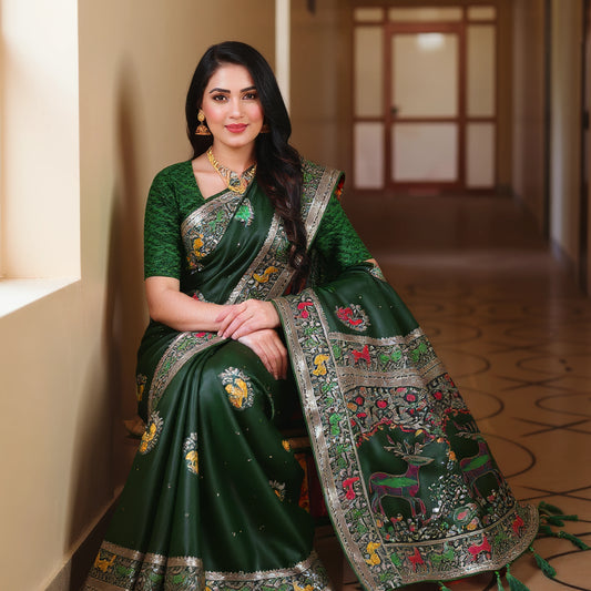 Majree Satin Meenakari  saree deep green