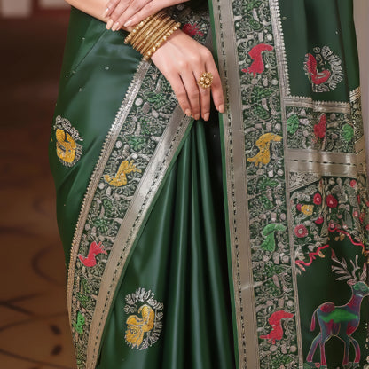 Majree Satin Meenakari  saree deep green