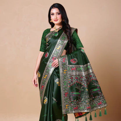 Majree Satin Meenakari  saree deep green