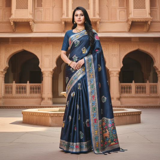 Majree Satin Meenakari saree deep fire green