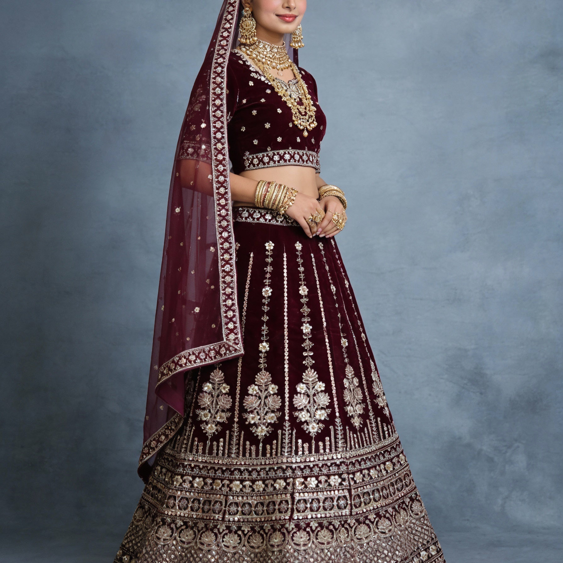 Maroon & Antique Gold Velvet Bridal Lehenga (Semi-Stitched)