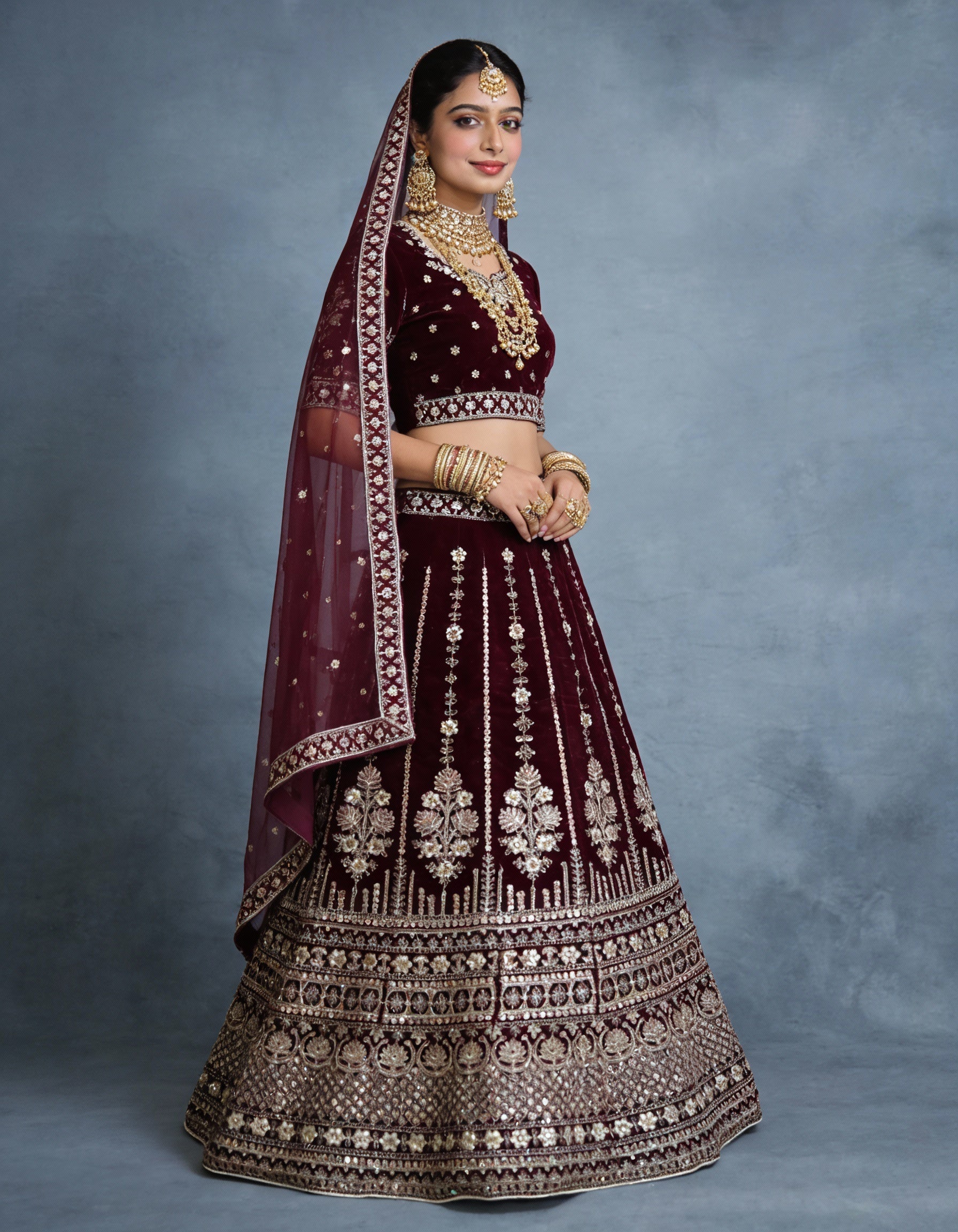 Maroon & Antique Gold Velvet Bridal Lehenga (Semi-Stitched)