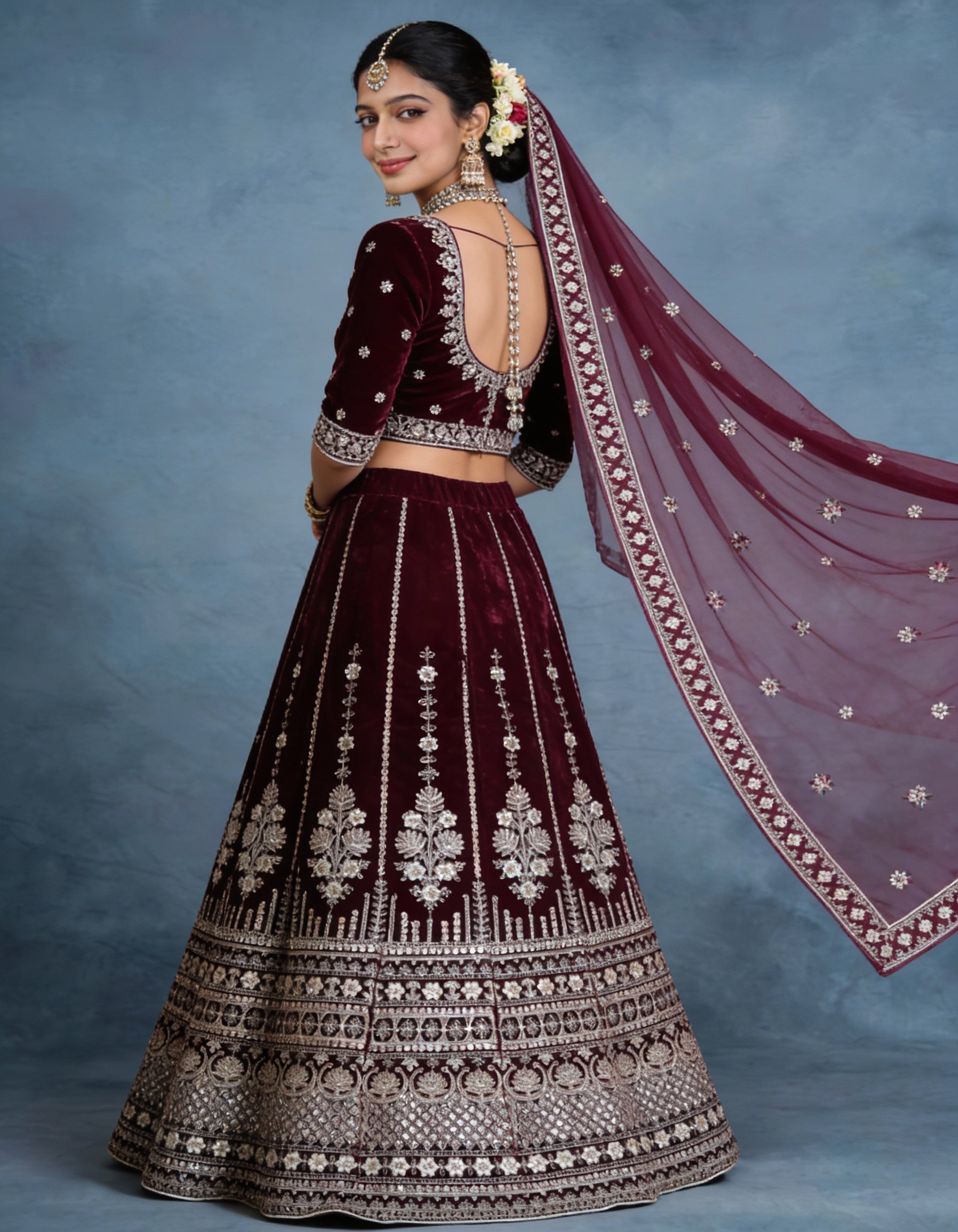 Maroon & Antique Gold Velvet Bridal Lehenga (Semi-Stitched)