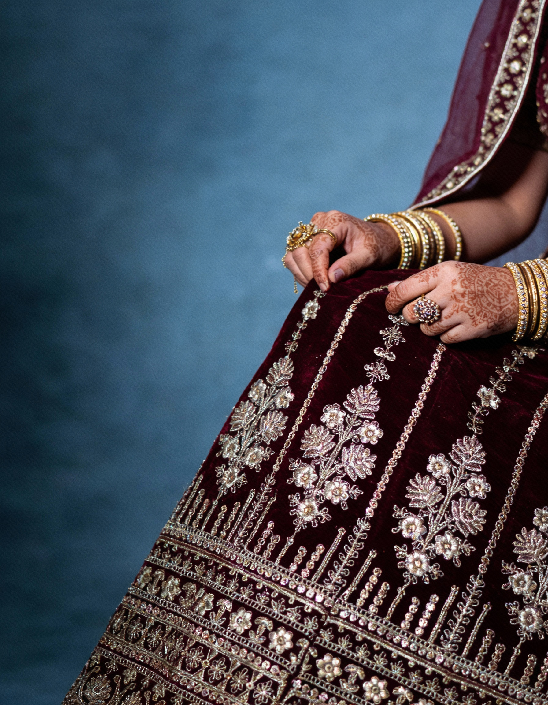 Maroon & Antique Gold Velvet Bridal Lehenga (Semi-Stitched)