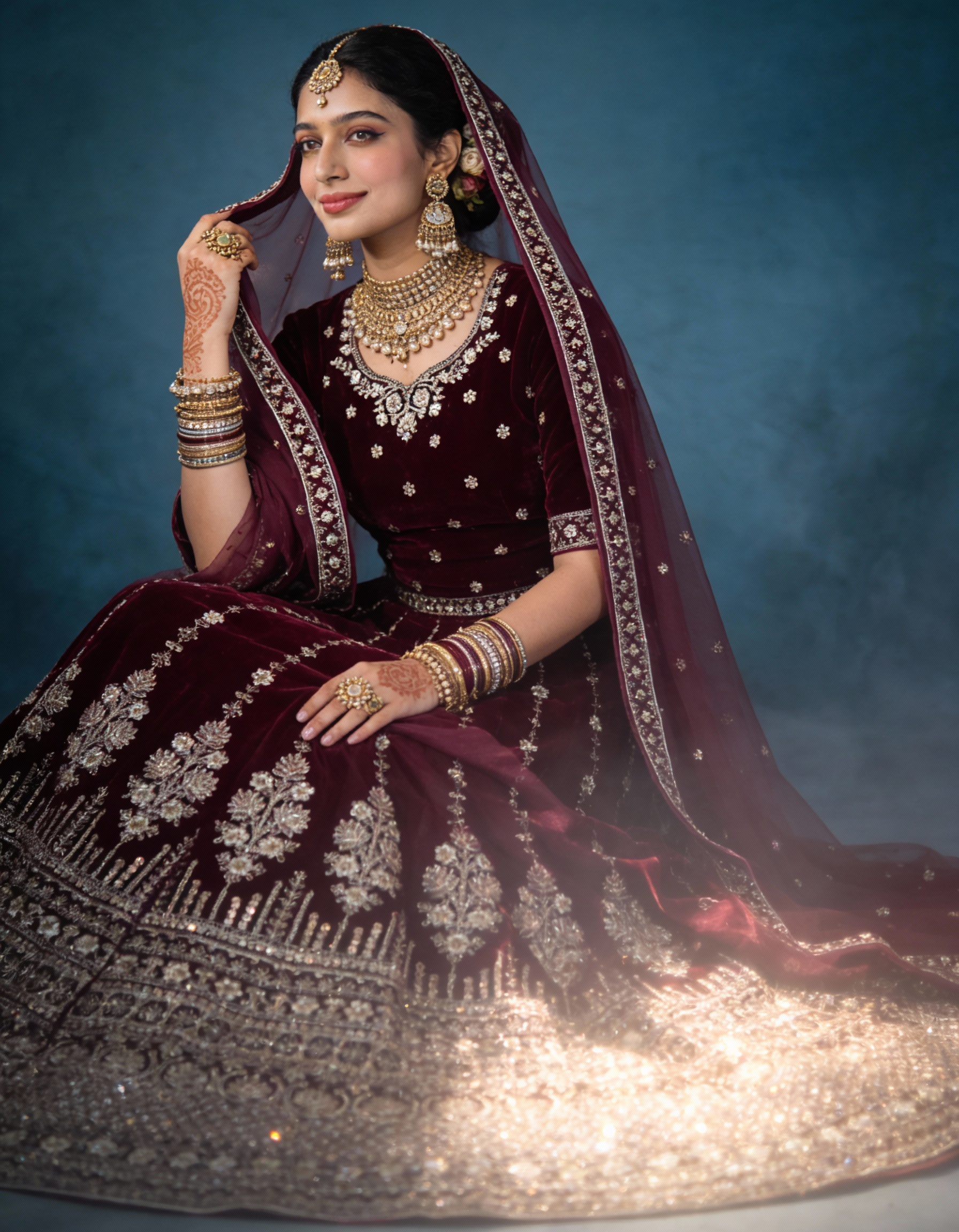 Maroon & Antique Gold Velvet Bridal Lehenga (Semi-Stitched)