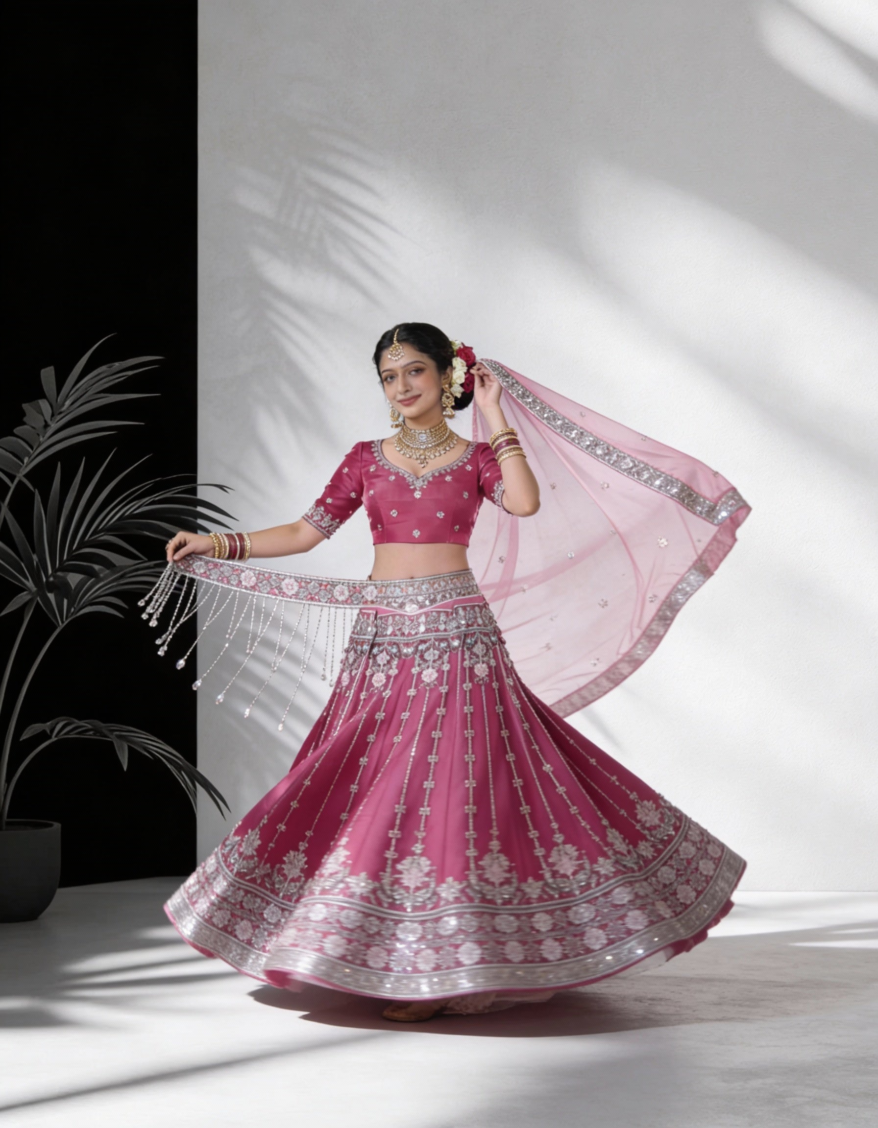 Rani Pink Art Silk Bridal Lehenga (Semi-Stitched)