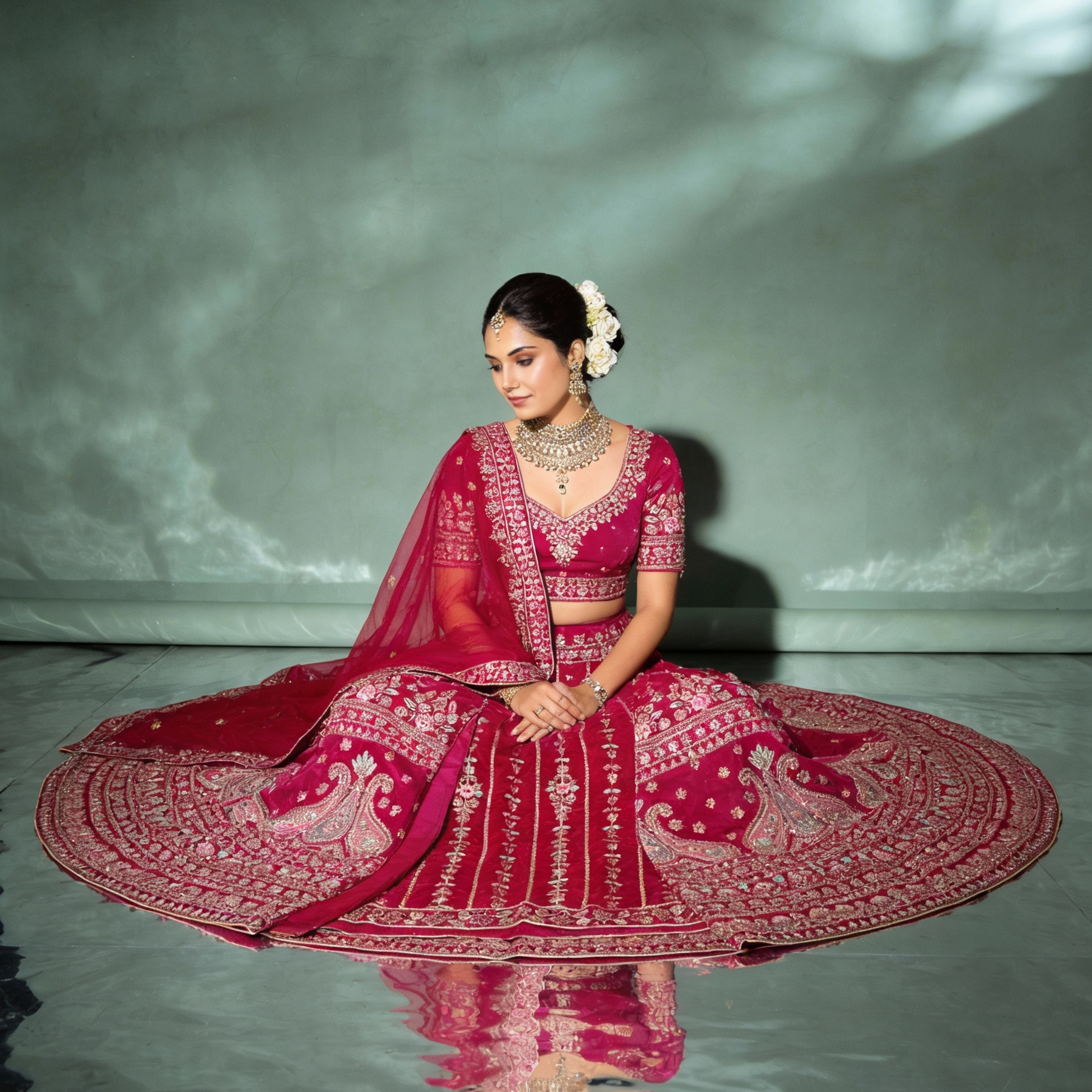 Rose Pink Silk Velvet Bridal Lehenga (Semi-Stitched)