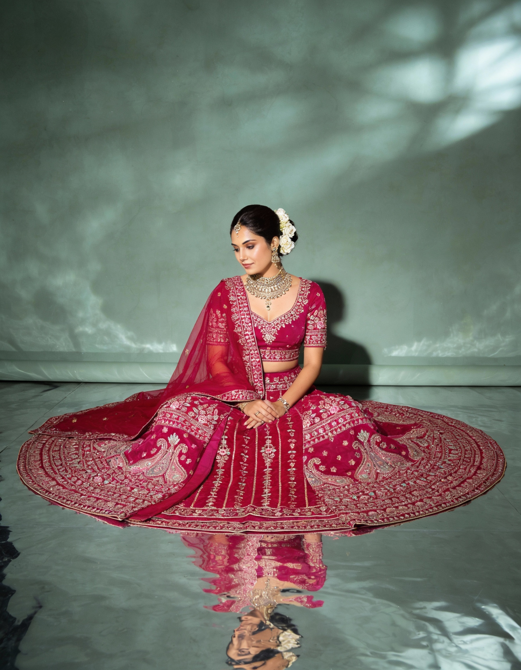 Rose Pink Silk Velvet Bridal Lehenga (Semi-Stitched)