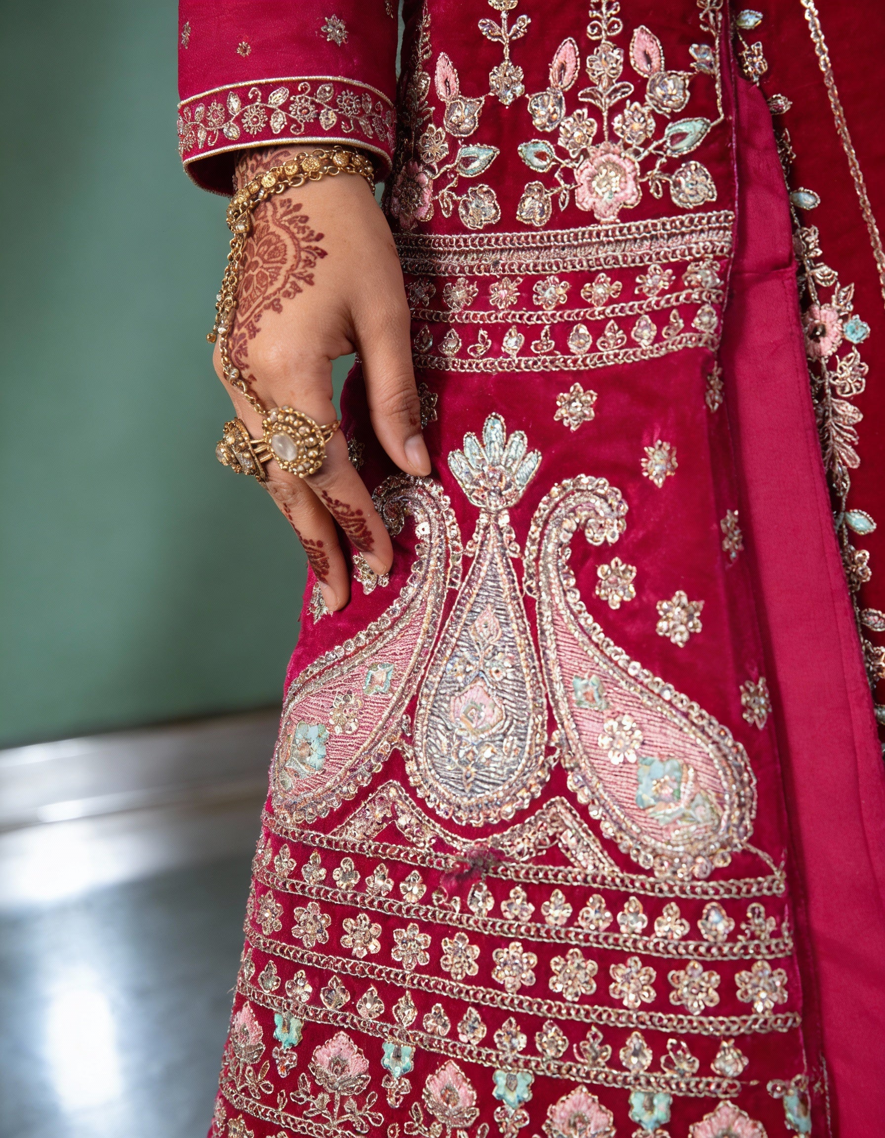 Rose Pink Silk Velvet Bridal Lehenga (Semi-Stitched)