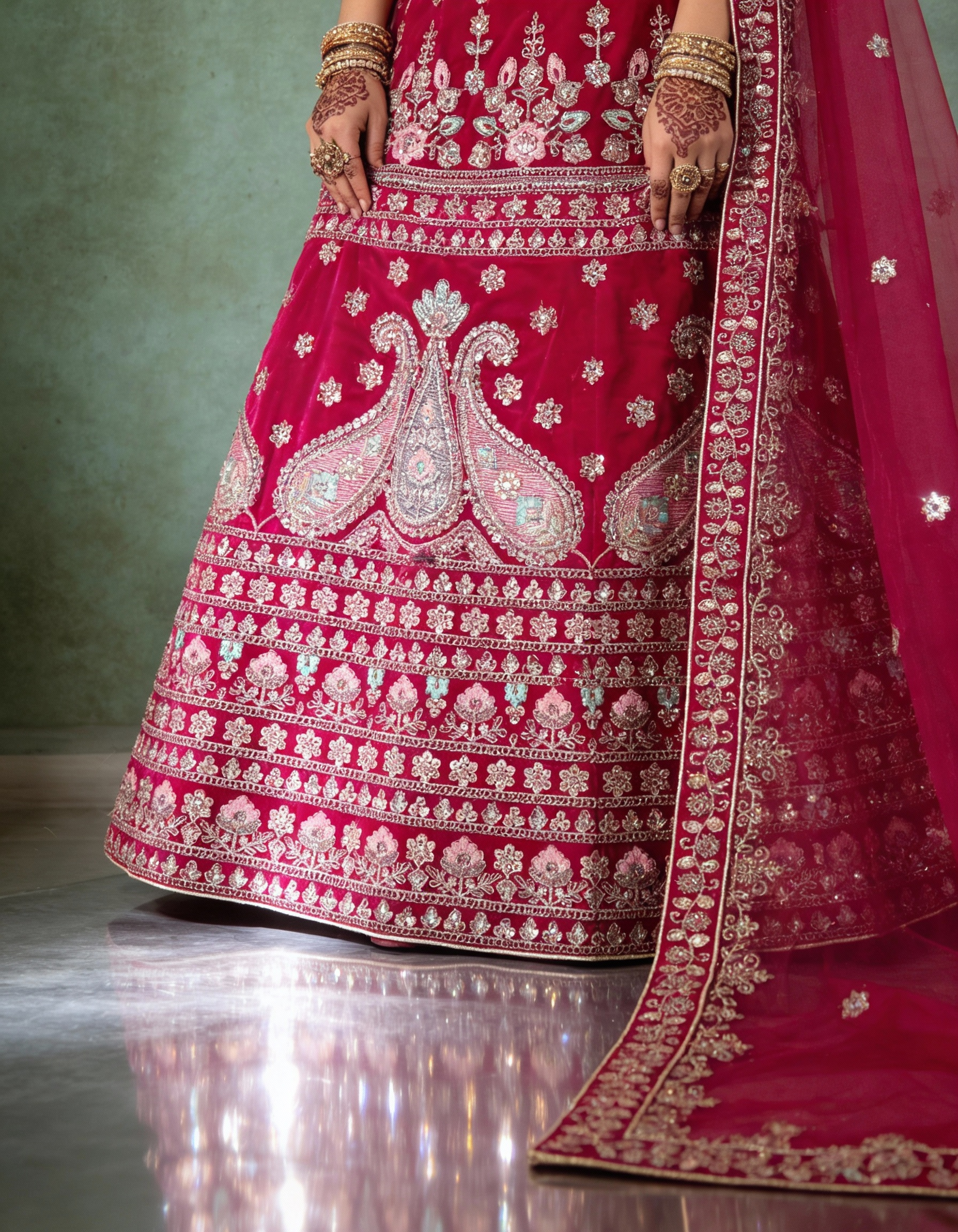 Rose Pink Silk Velvet Bridal Lehenga (Semi-Stitched)
