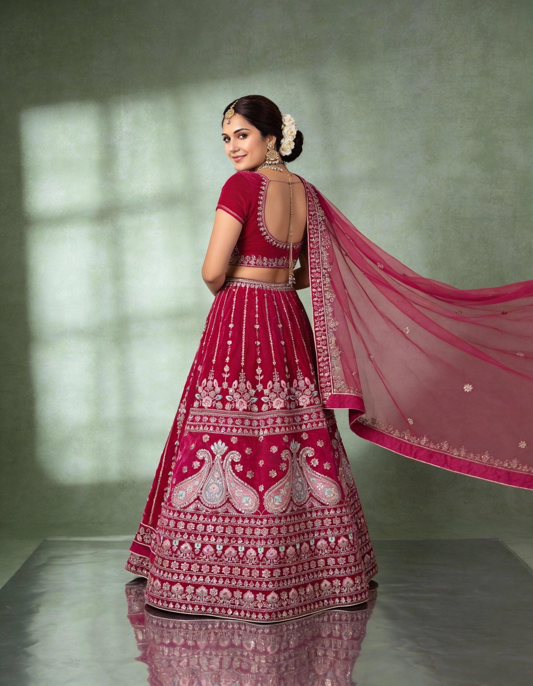 Rose Pink Silk Velvet Bridal Lehenga (Semi-Stitched)