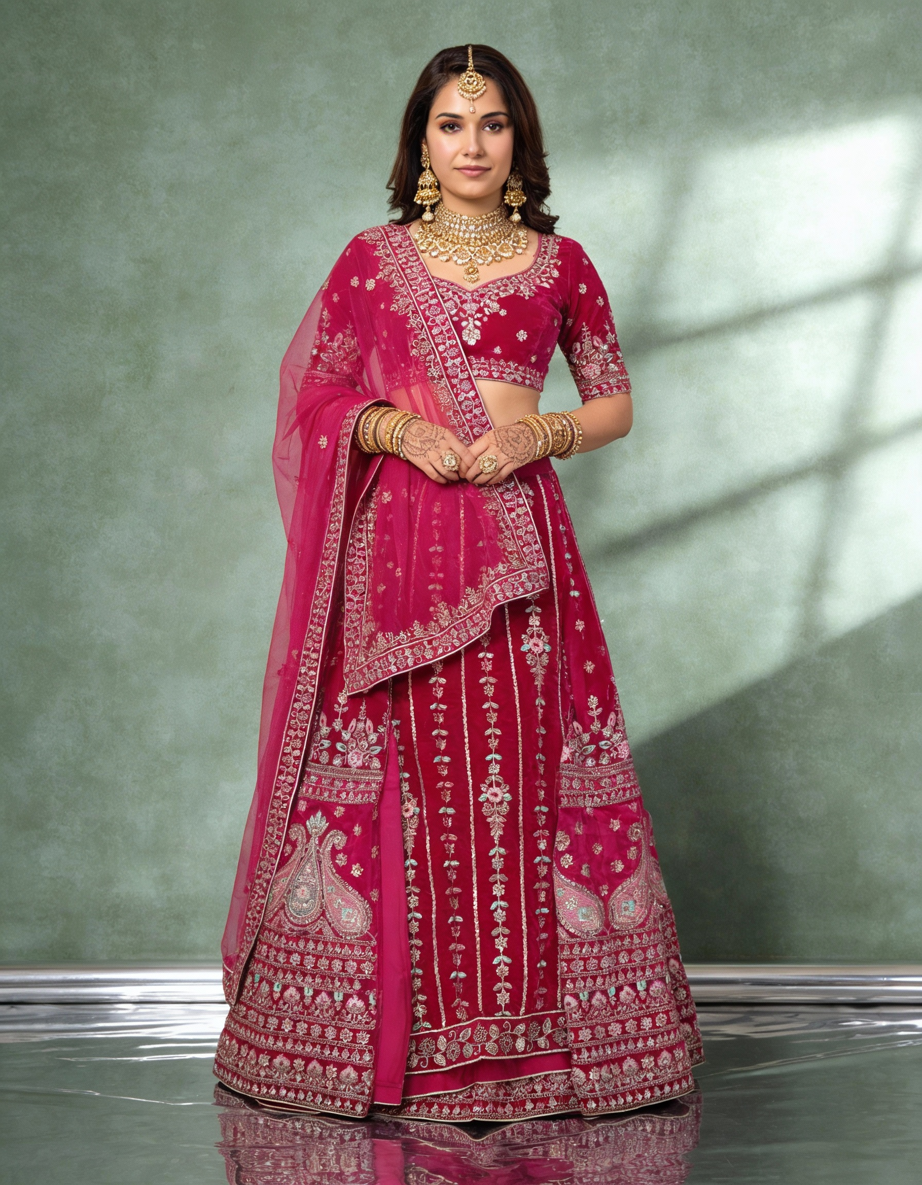 Rose Pink Silk Velvet Bridal Lehenga (Semi-Stitched)