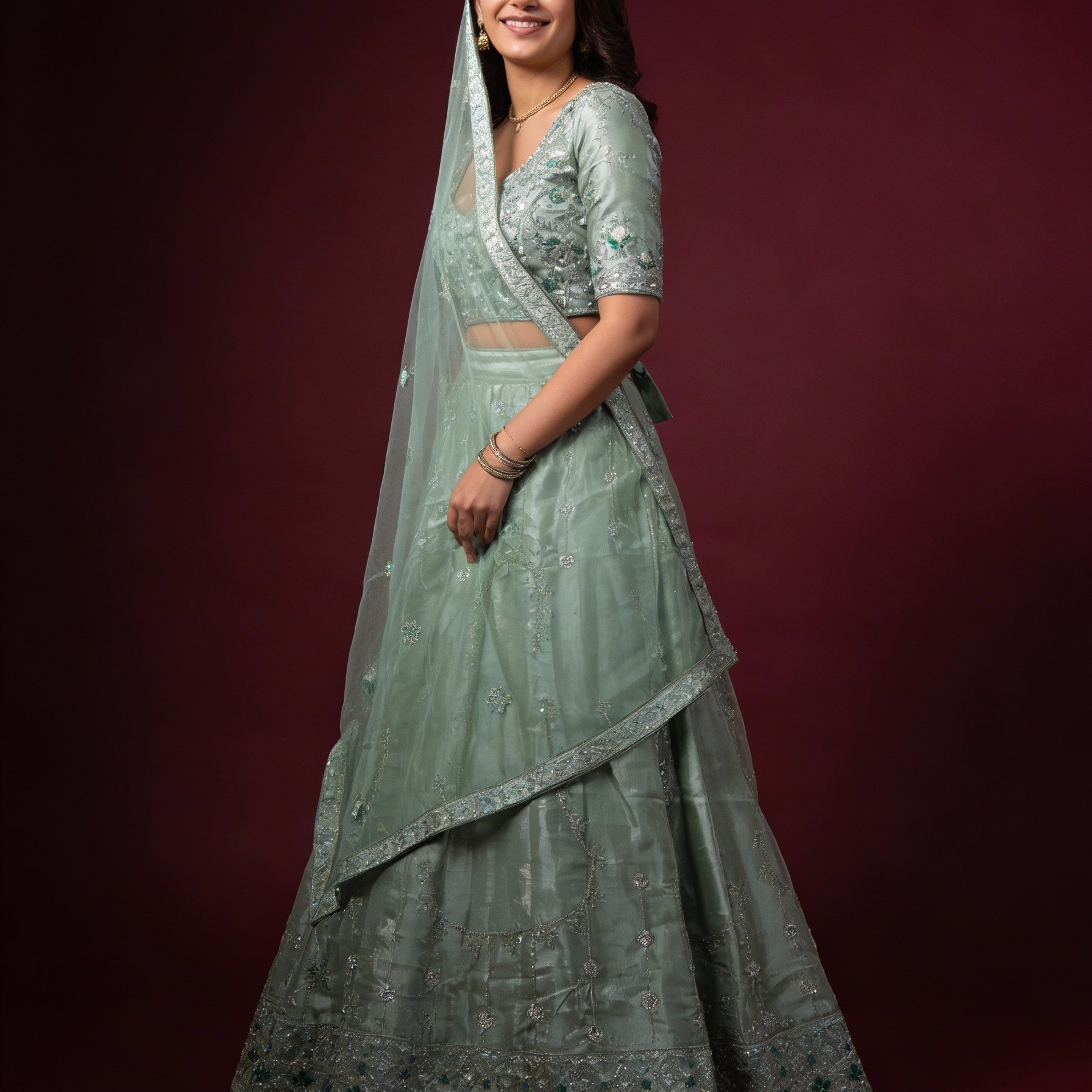 Sage Green Organza Lehenga (Semi-Stitched)