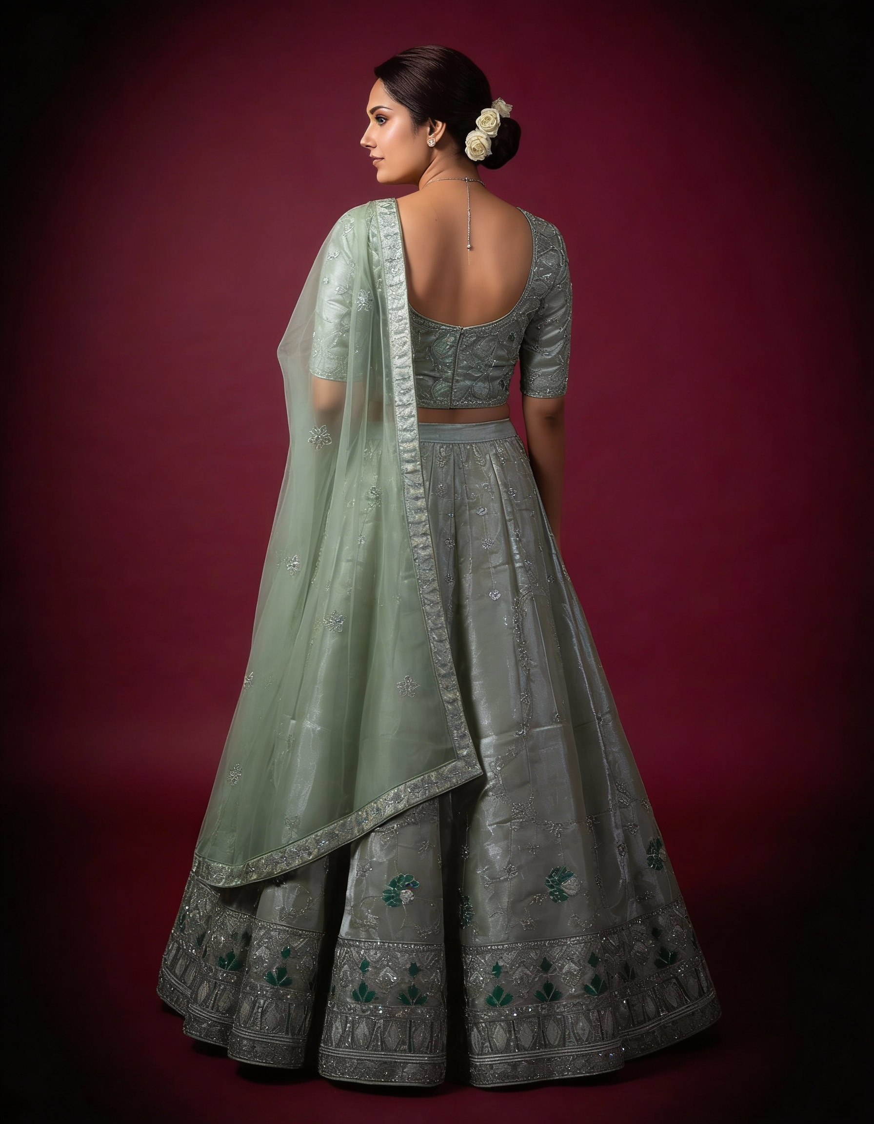 Sage Green Organza Lehenga (Semi-Stitched)