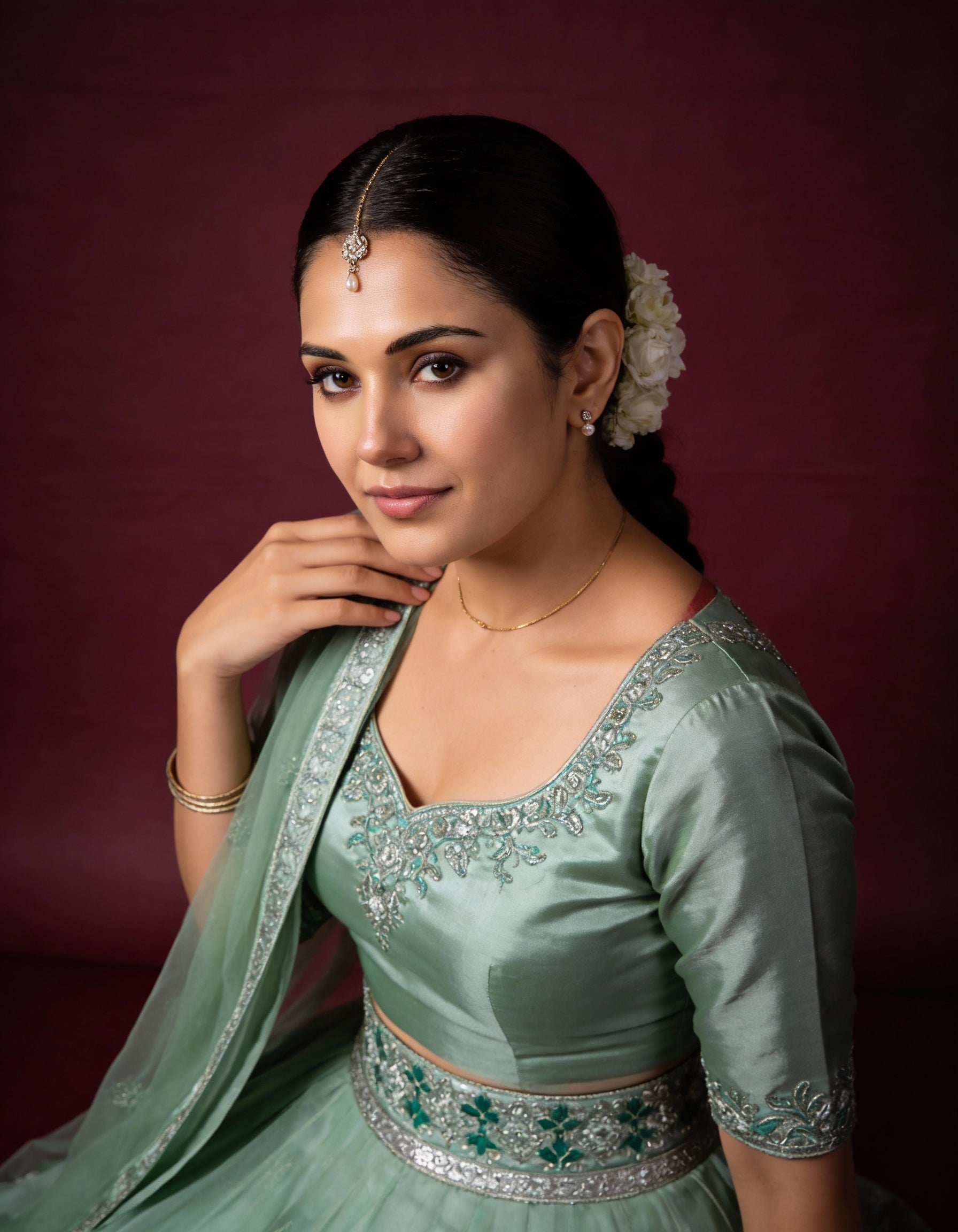 Sage Green Organza Lehenga (Semi-Stitched)
