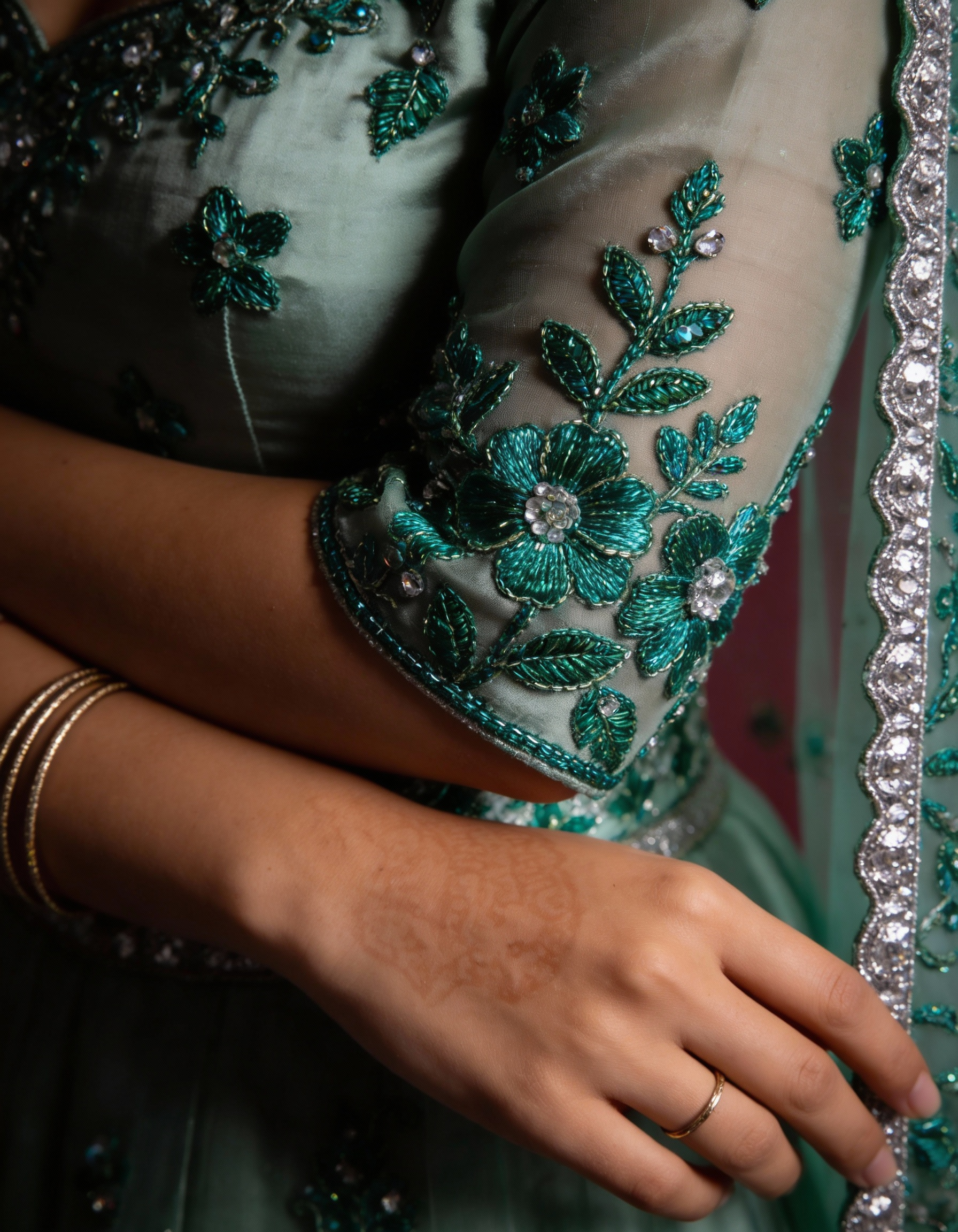 Sage Green Organza Lehenga (Semi-Stitched)