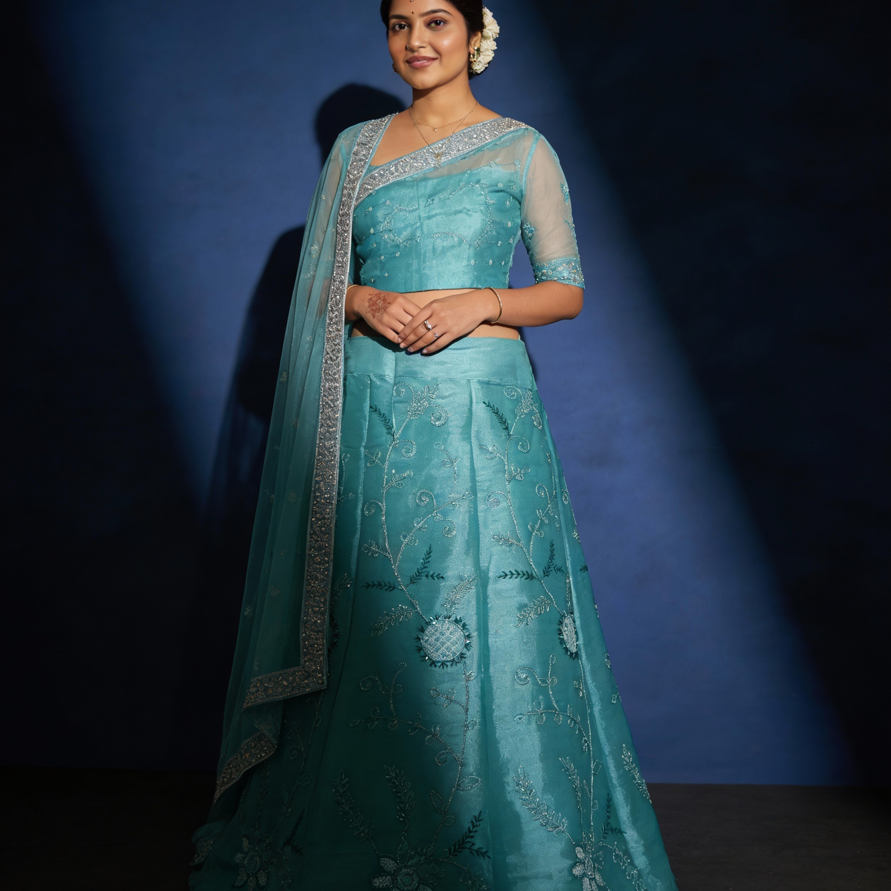 Teal Blue Organza Lehenga (Semi-Stitched)
