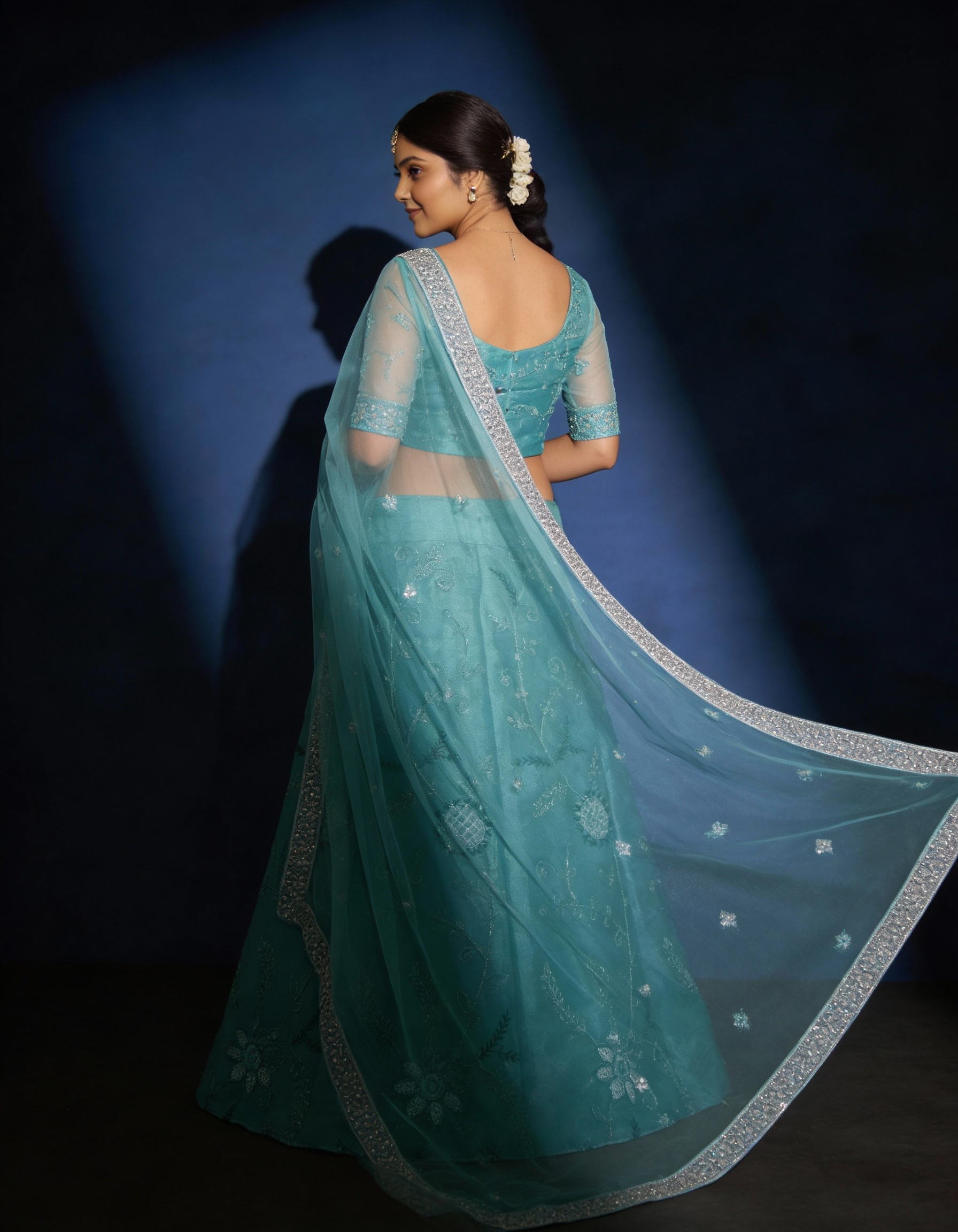 Teal Blue Organza Lehenga (Semi-Stitched)