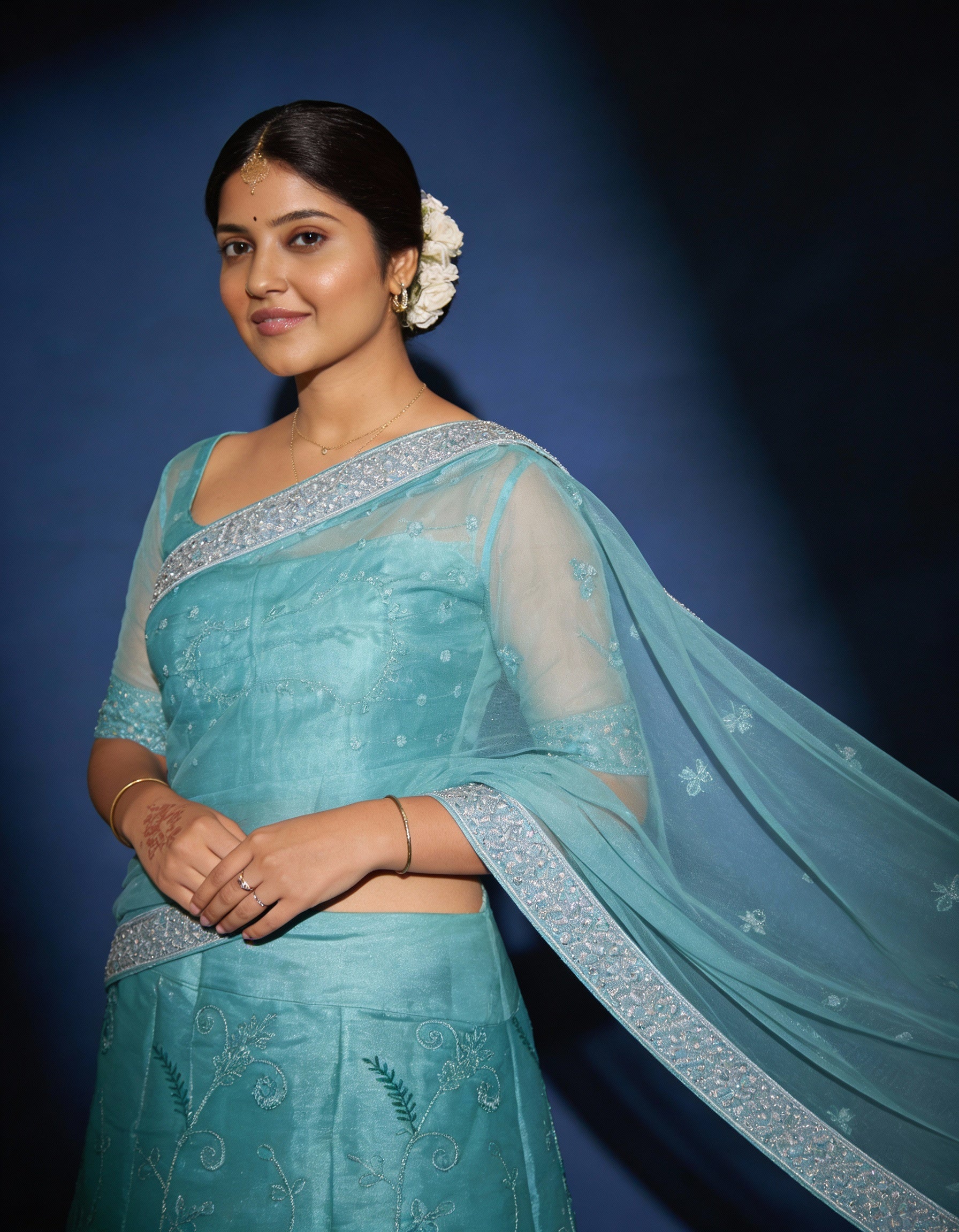 Teal Blue Organza Lehenga (Semi-Stitched)