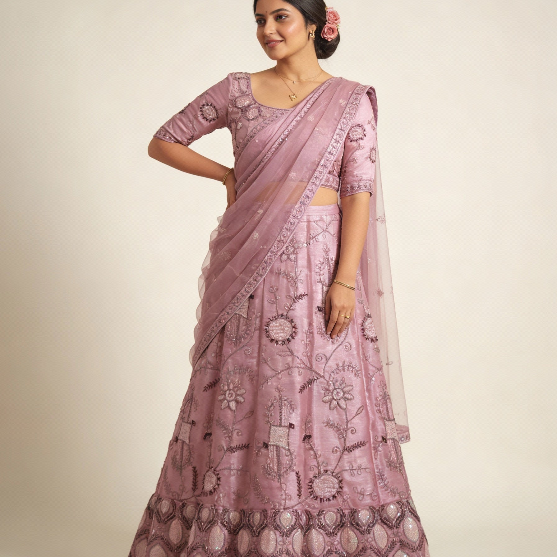Dusty Rose Silk Threadwork Zardozi Lehenga (Semi-Stitched)