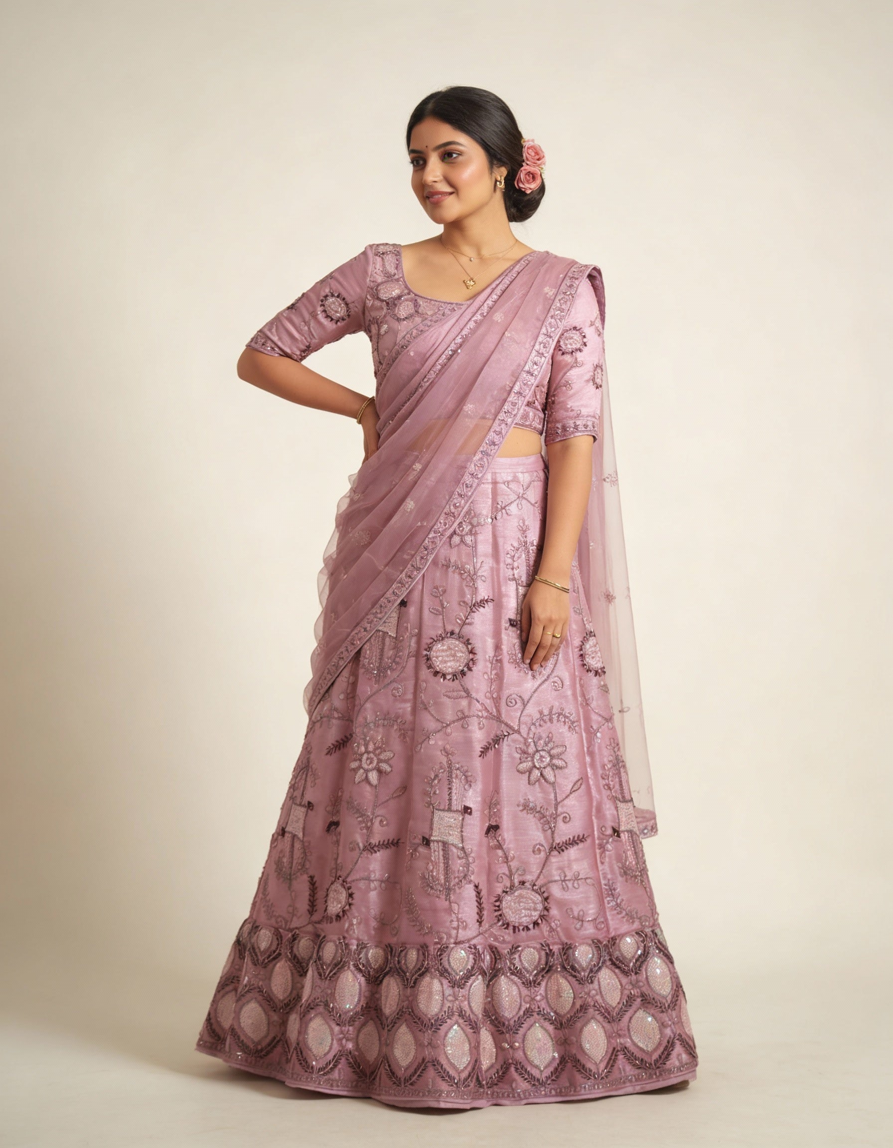 Dusty Rose Silk Threadwork Zardozi Lehenga (Semi-Stitched)
